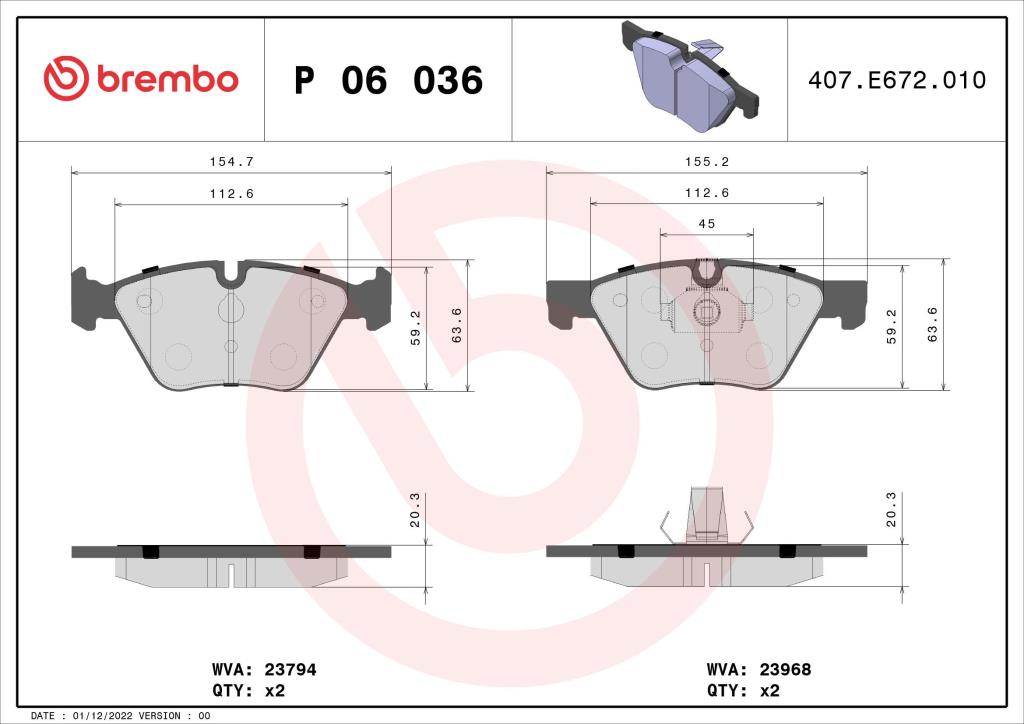 Jeu de 4 plaquettes de frein BREMBO ref. P 06 036