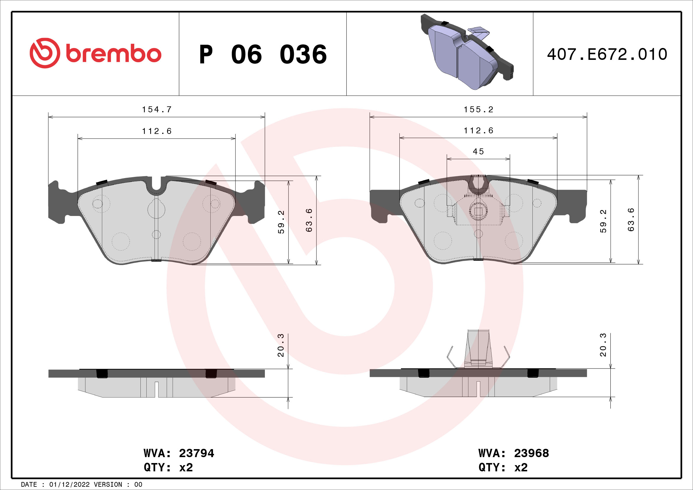 Jeu de 4 plaquettes de frein BREMBO ref. P 06 036