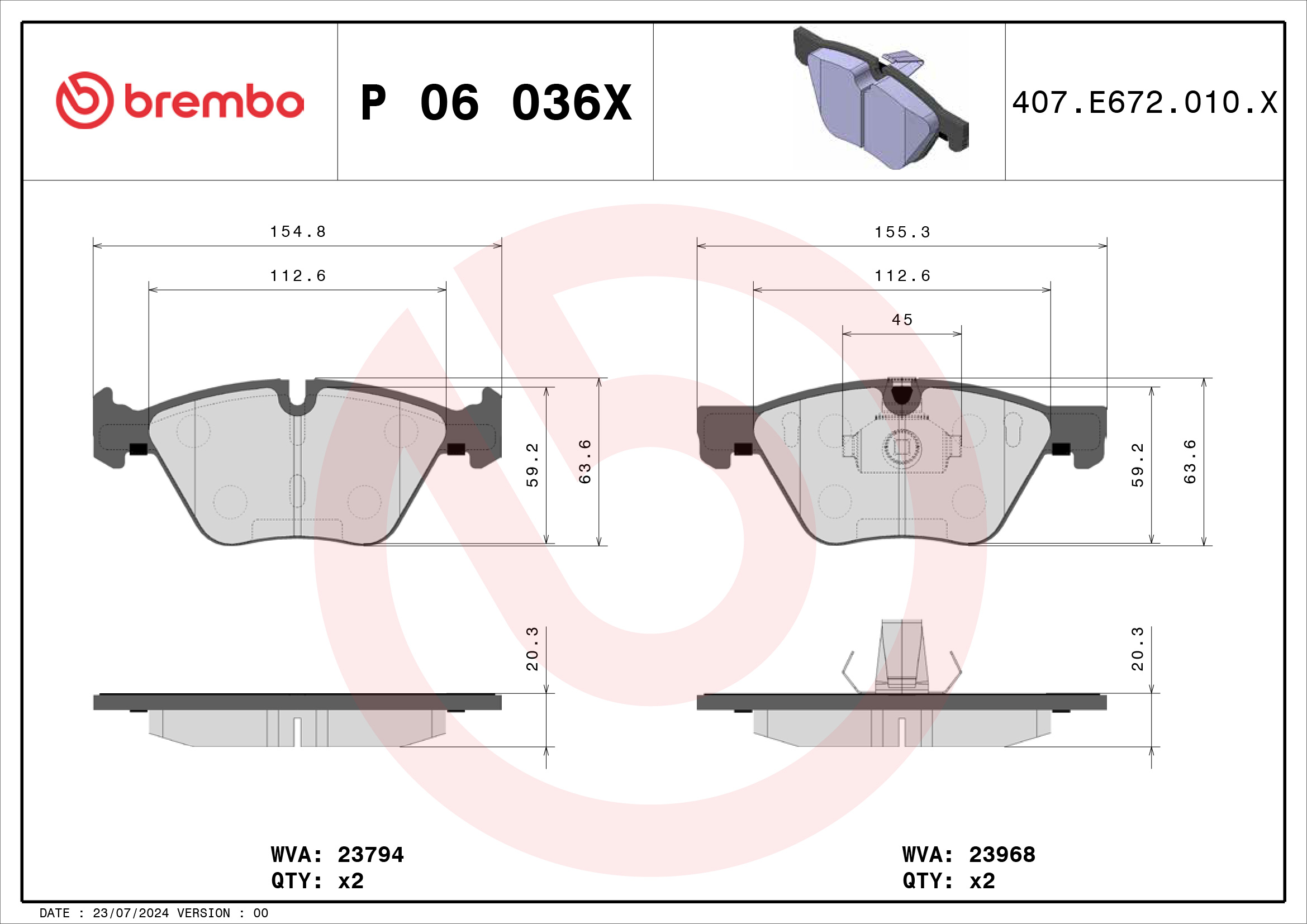 Jogo de 4 pastilhas de travão BREMBO ref. P 06 036X