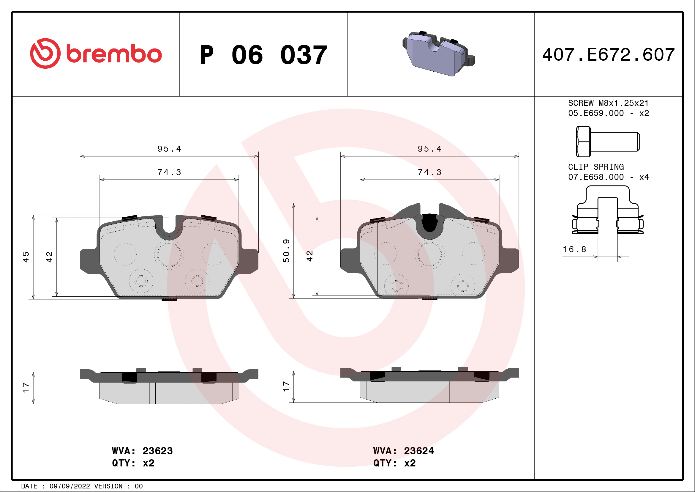 Jogo de 4 pastilhas de travão BREMBO ref. P 06 037