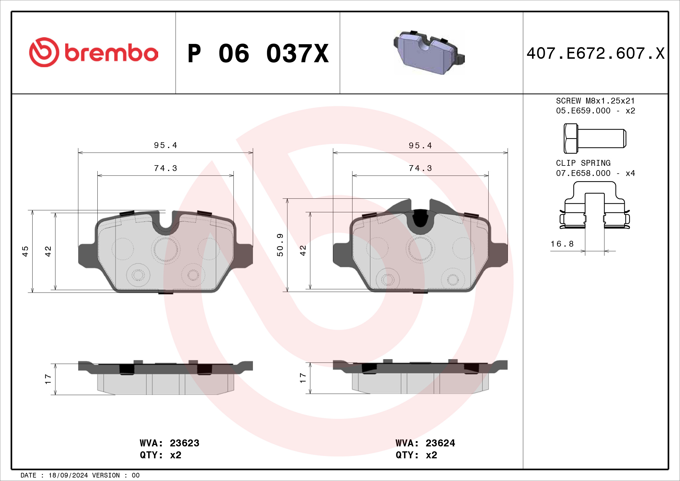 Jogo de 4 pastilhas de travão BREMBO ref. P 06 037X