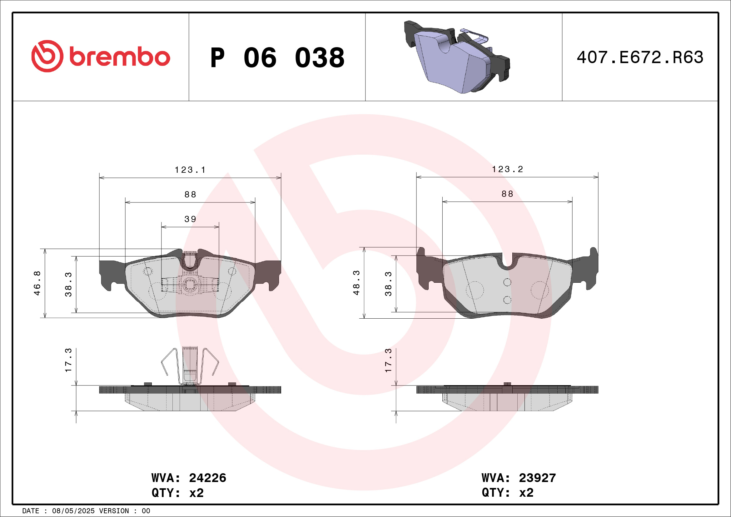 Jeu de 4 plaquettes de frein BREMBO ref. P 06 038