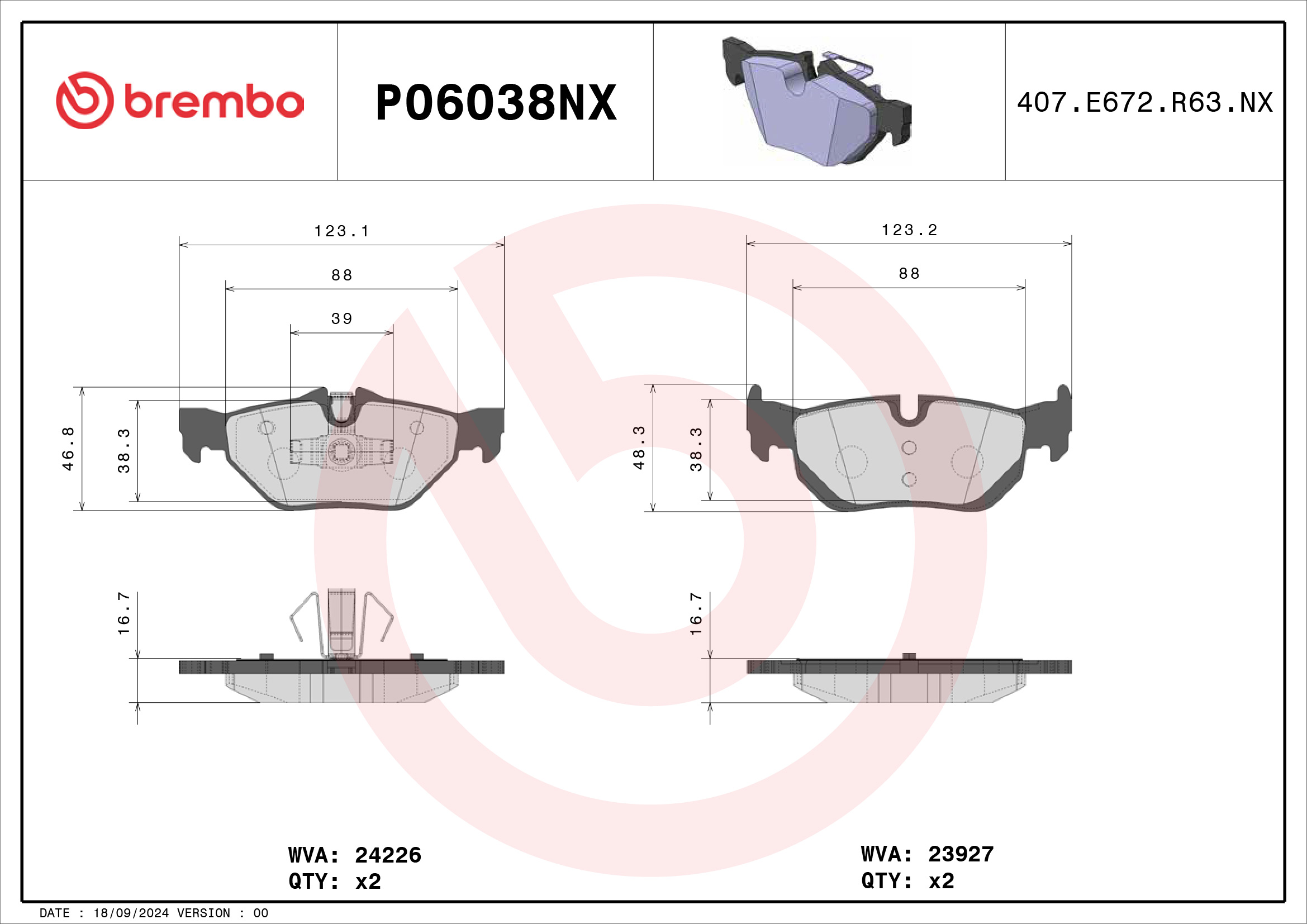 Jogo de 4 pastilhas de travão BREMBO ref. P06038NX