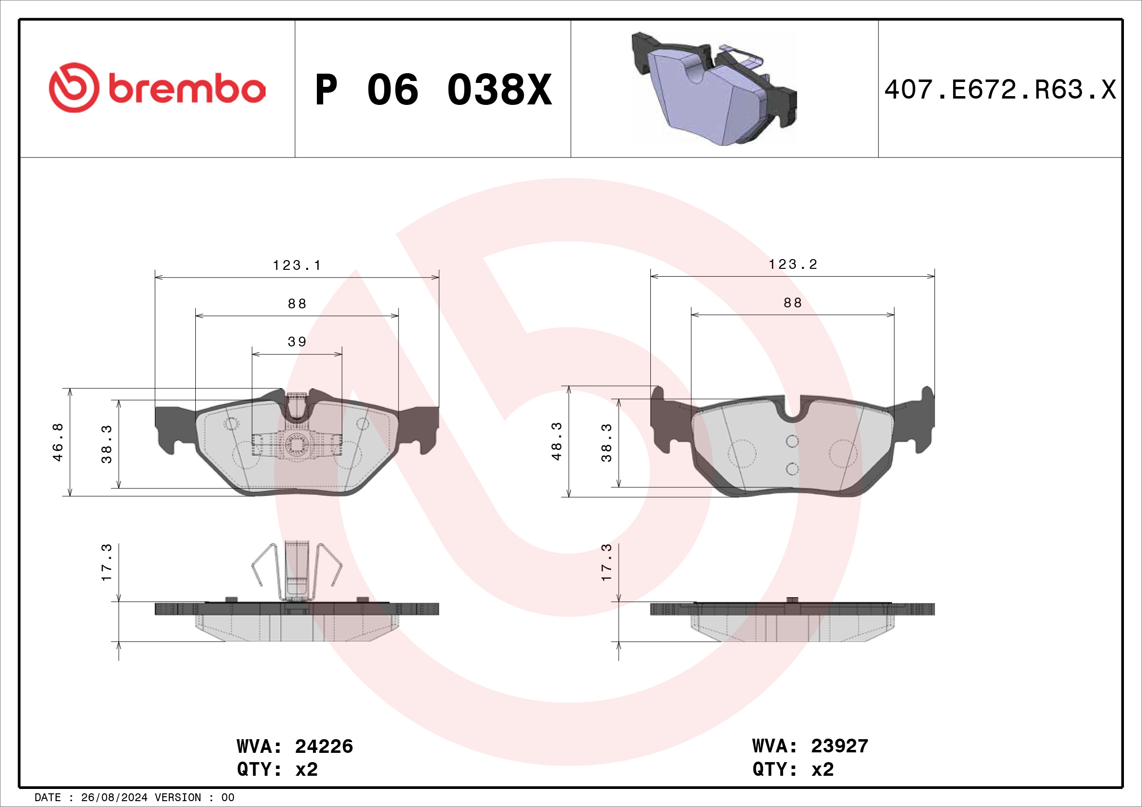 Jogo de 4 pastilhas de travão BREMBO ref. P 06 038X
