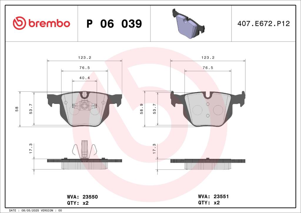 Jogo de 4 pastilhas de travão BREMBO ref. P 06 039