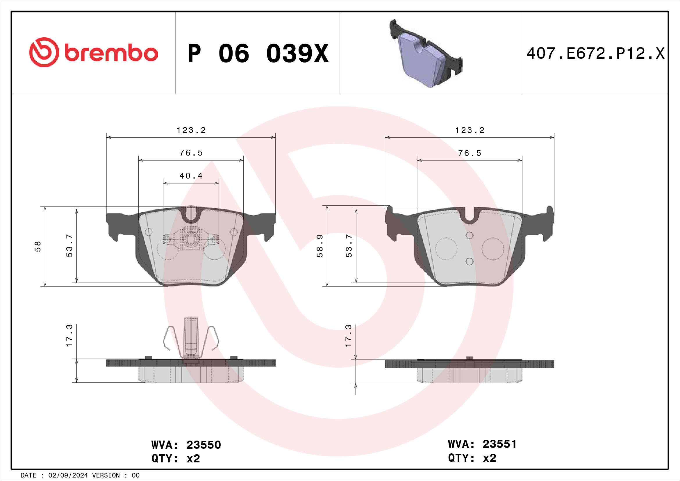 Jogo de 4 pastilhas de travão BREMBO ref. P 06 039X