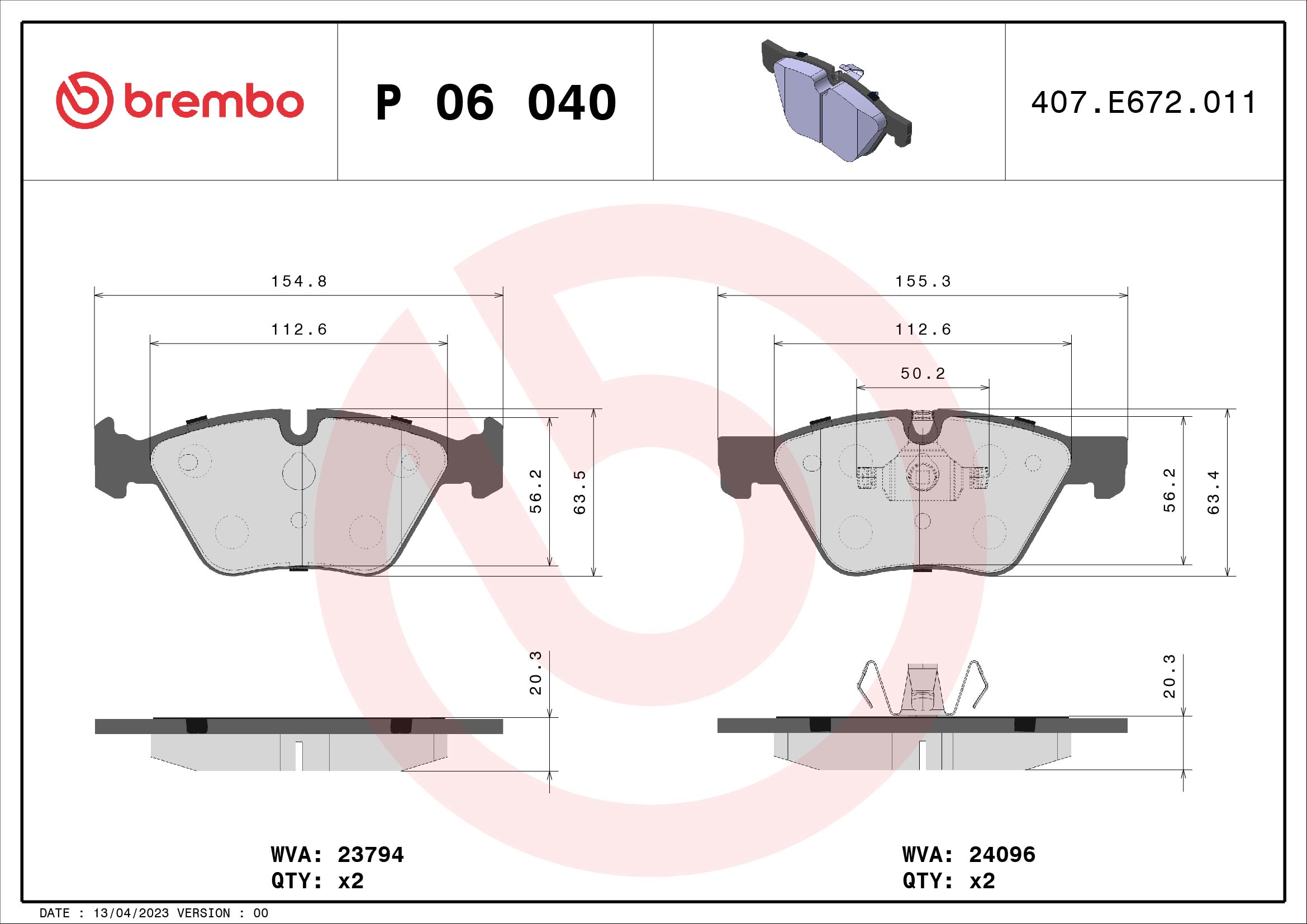 Jogo de 4 pastilhas de travão BREMBO ref. P 06 040