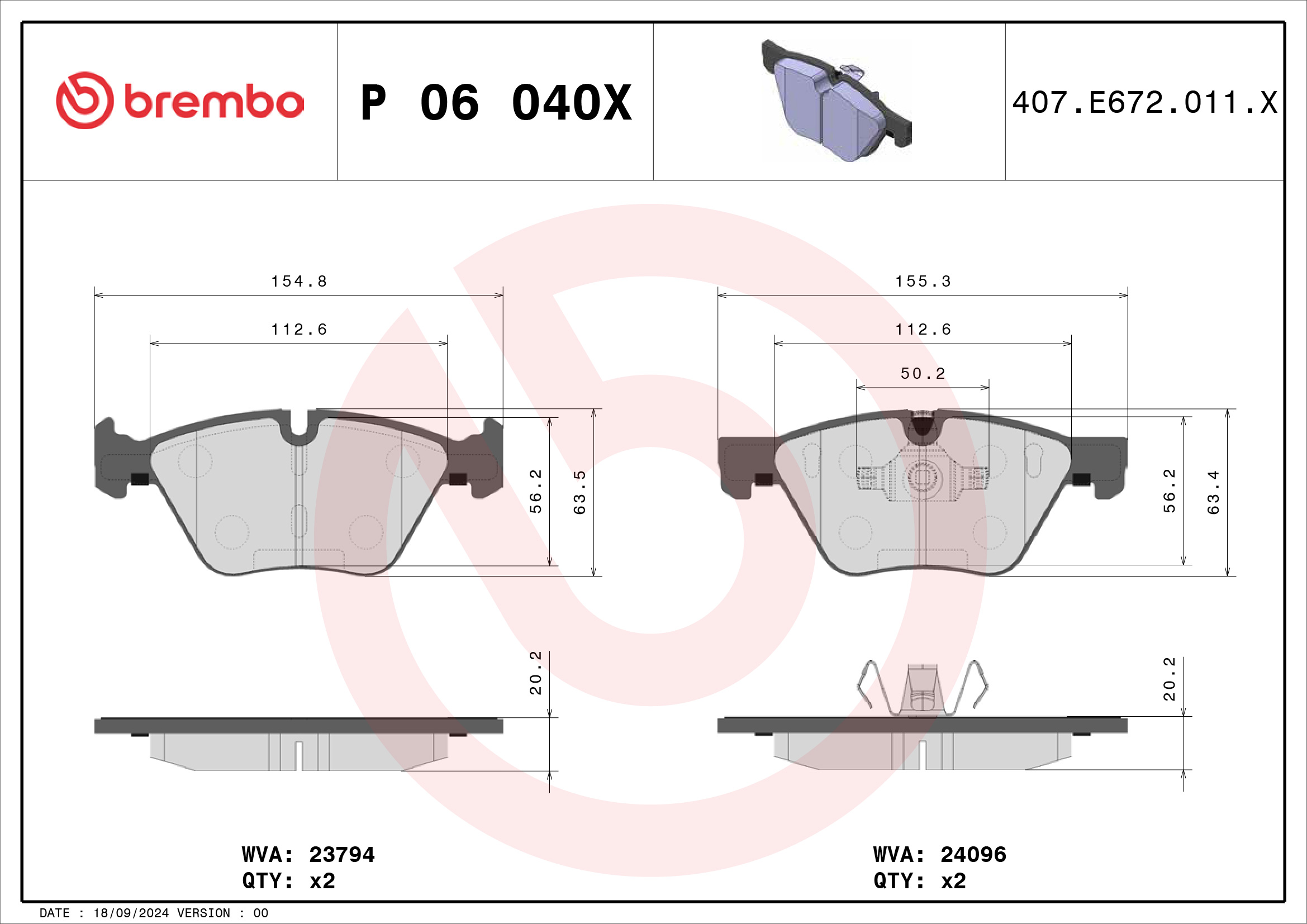 Jogo de 4 pastilhas de travão BREMBO ref. P 06 040X