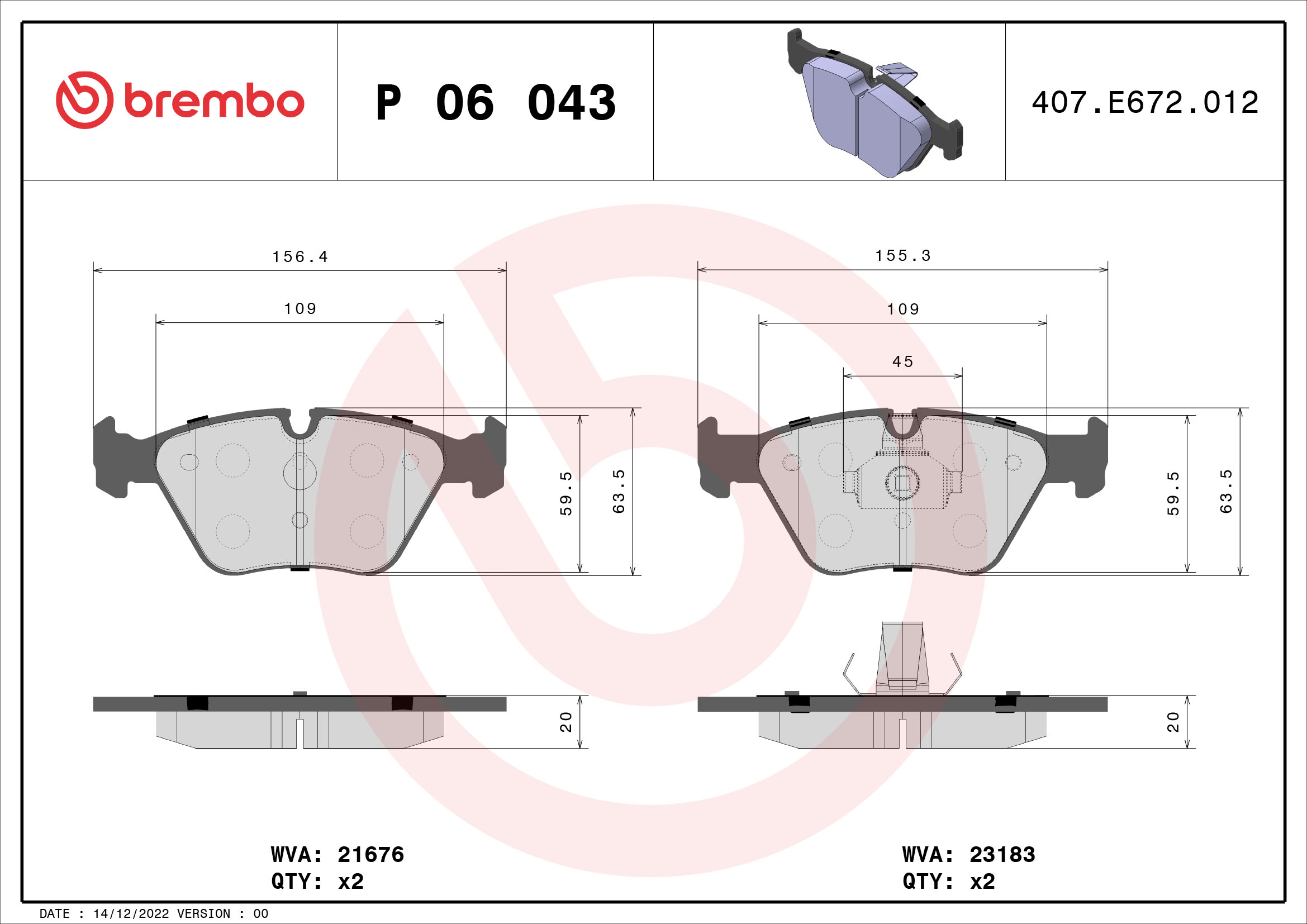 Jeu de 4 plaquettes de frein BREMBO ref. P 06 043