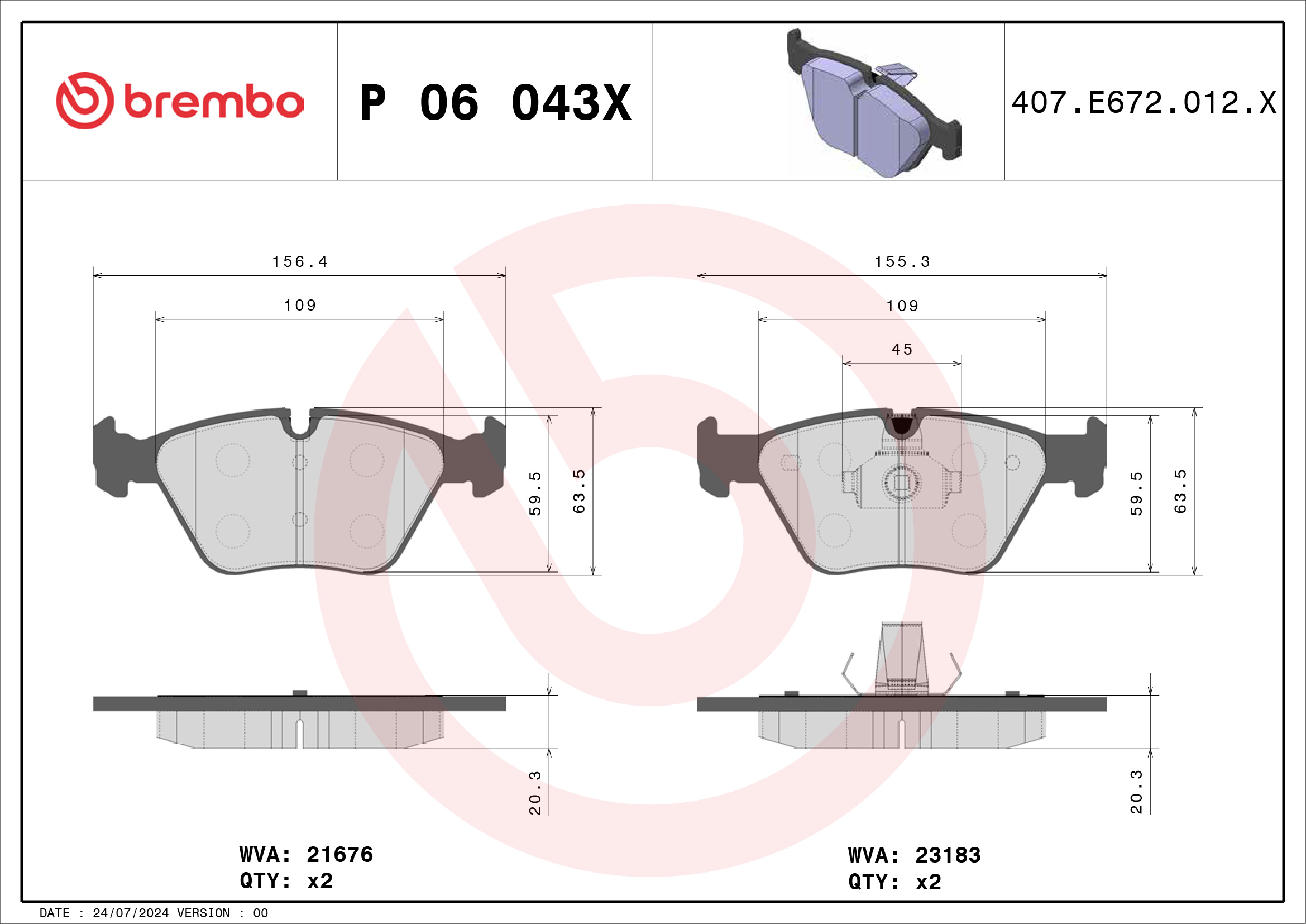 Jogo de 4 pastilhas de travão BREMBO ref. P 06 043X