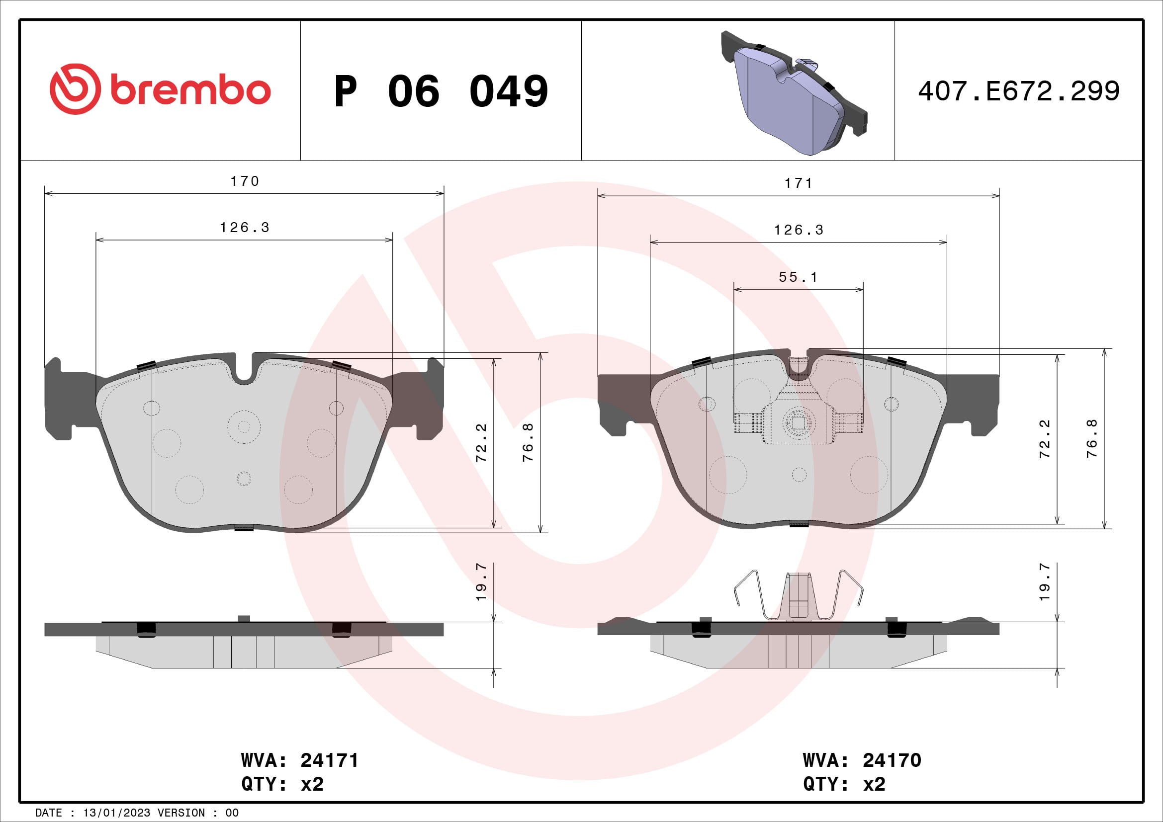 Jogo de 4 pastilhas de travão BREMBO ref. P 06 049