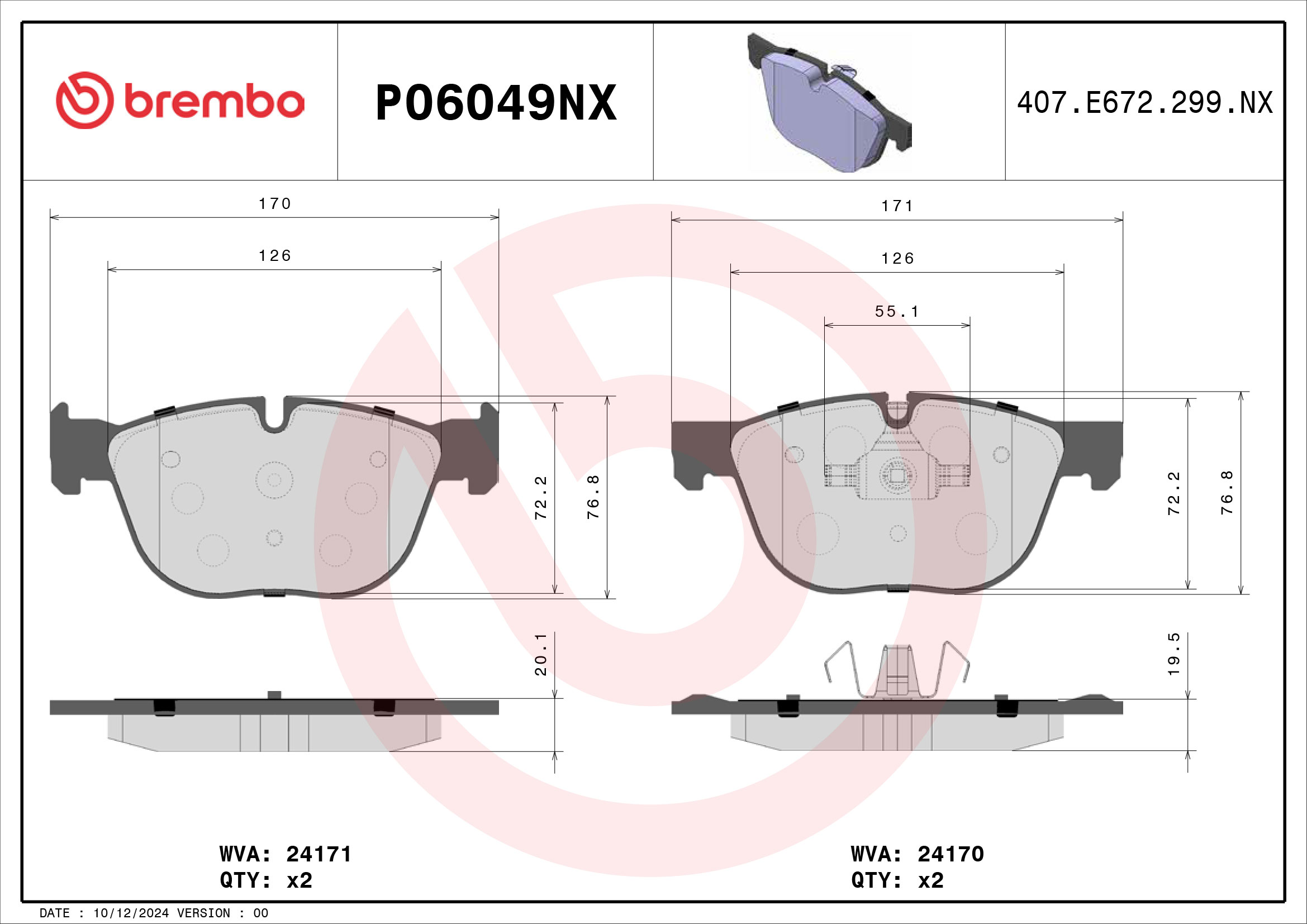 Jogo de 4 pastilhas de travão BREMBO P06049NX
