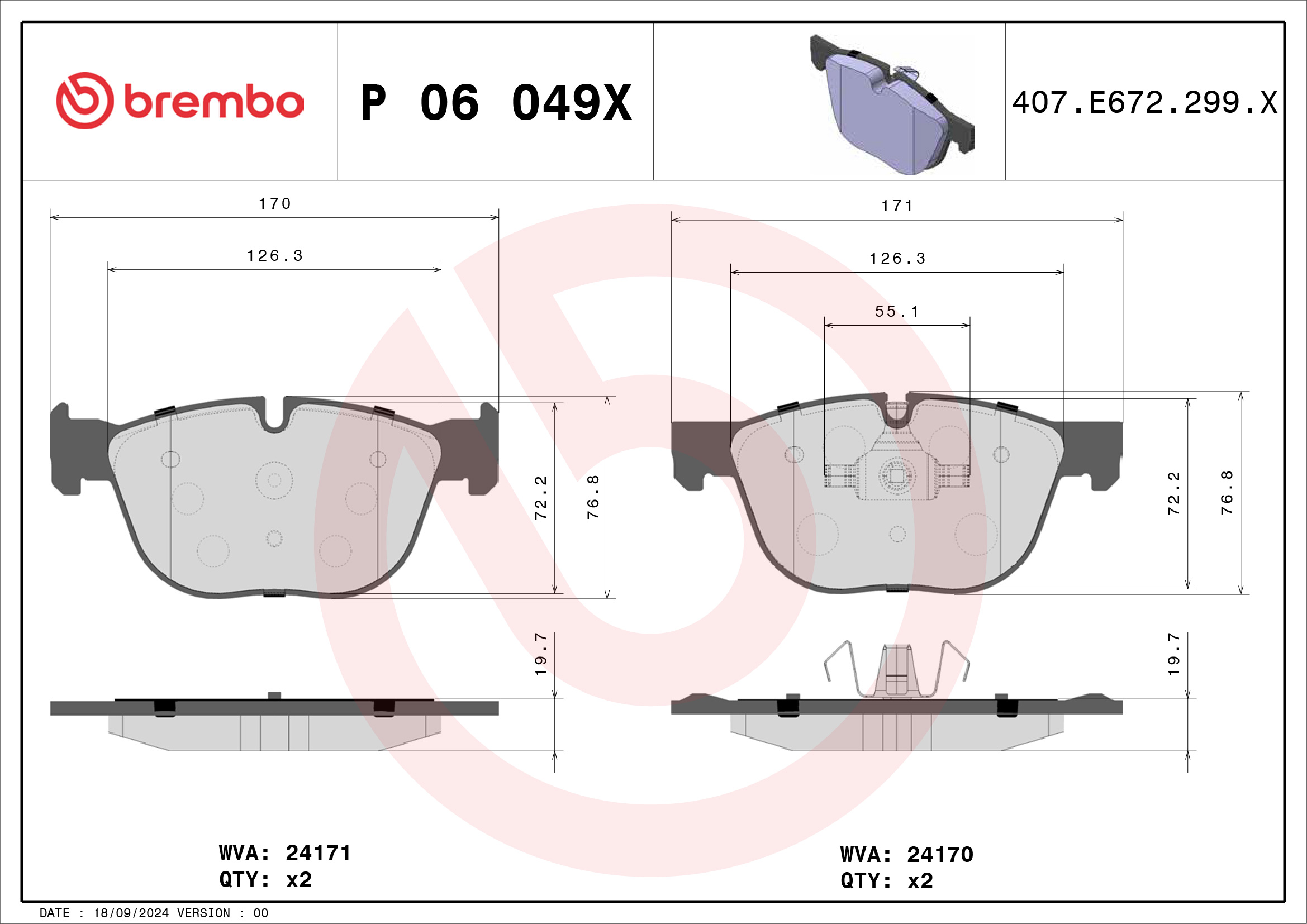 Jogo de 4 pastilhas de travão BREMBO ref. P 06 049X