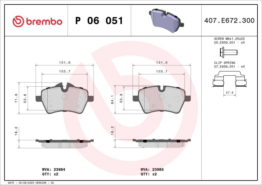 Jogo de 4 pastilhas de travão BREMBO ref. P 06 051
