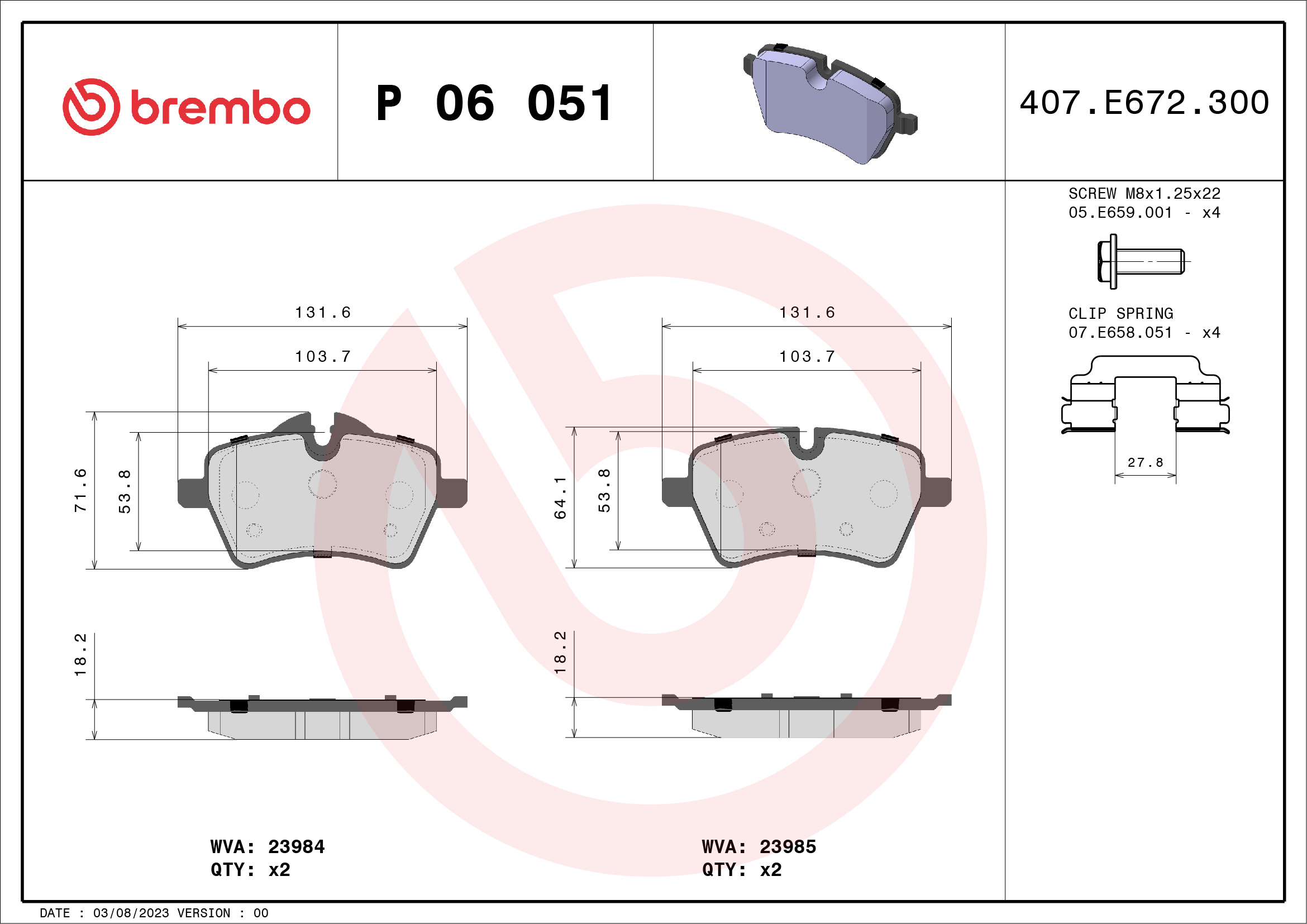 Jogo de 4 pastilhas de travão BREMBO ref. P 06 051