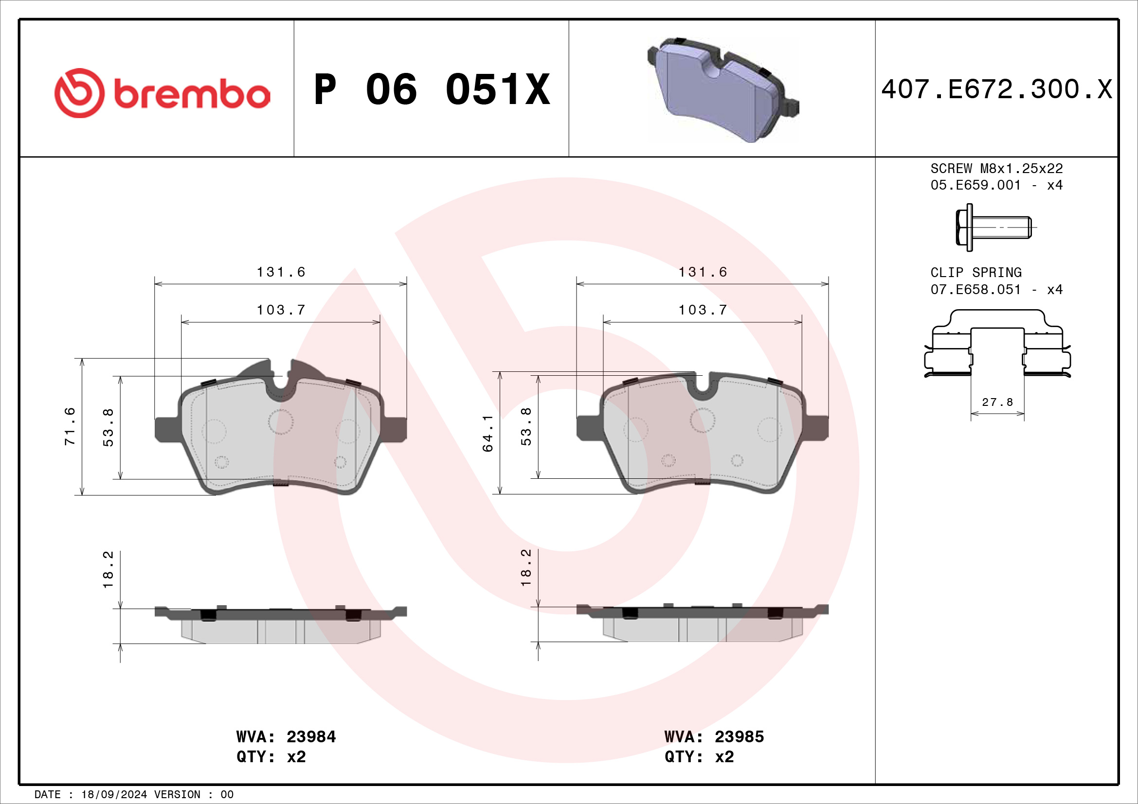Jogo de 4 pastilhas de travão BREMBO ref. P 06 051X