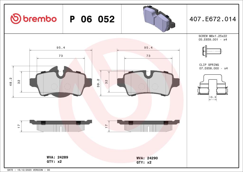 Jogo de 4 pastilhas de travão BREMBO ref. P 06 052