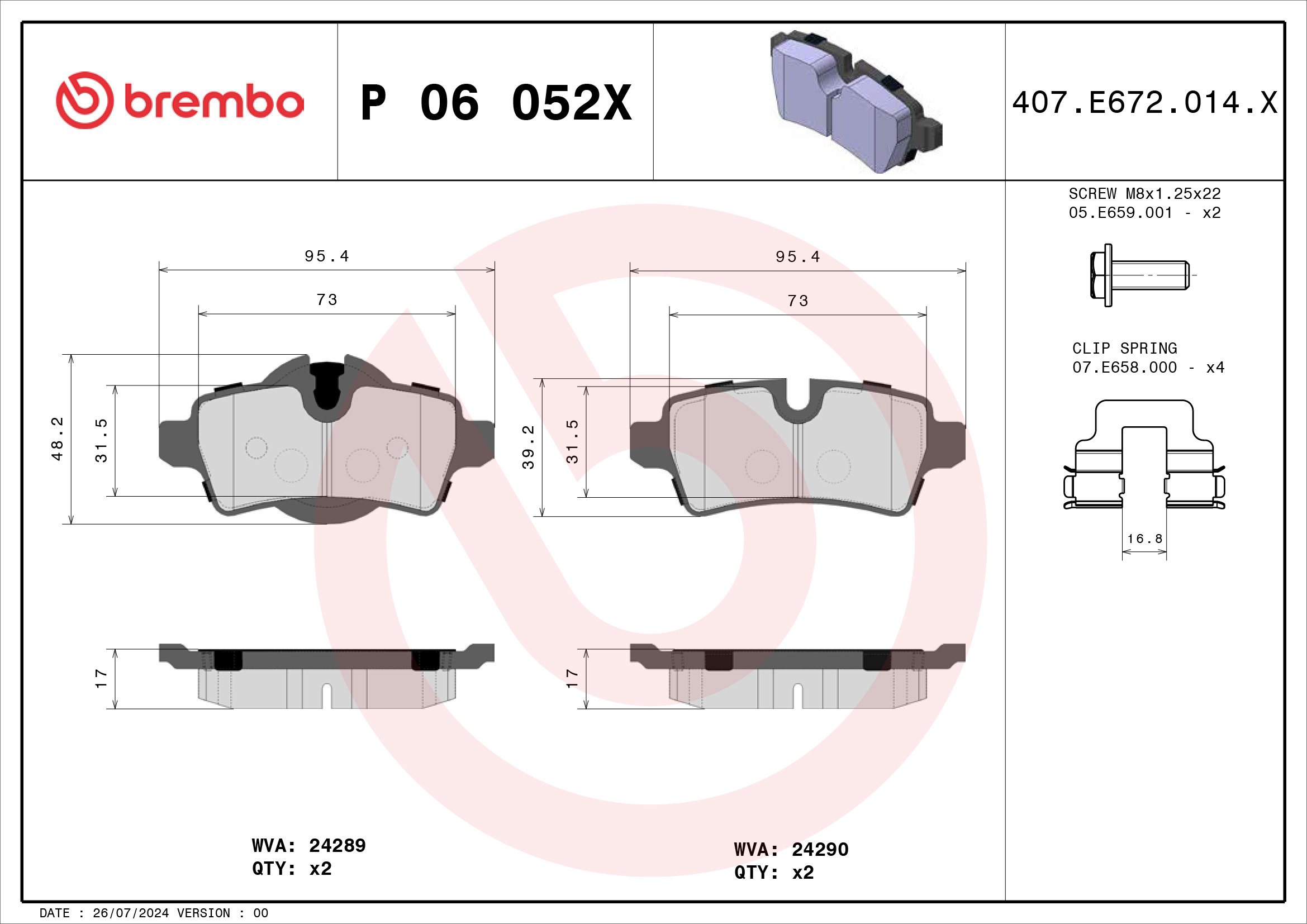 Jeu de 4 plaquettes de frein BREMBO ref. P 06 052X
