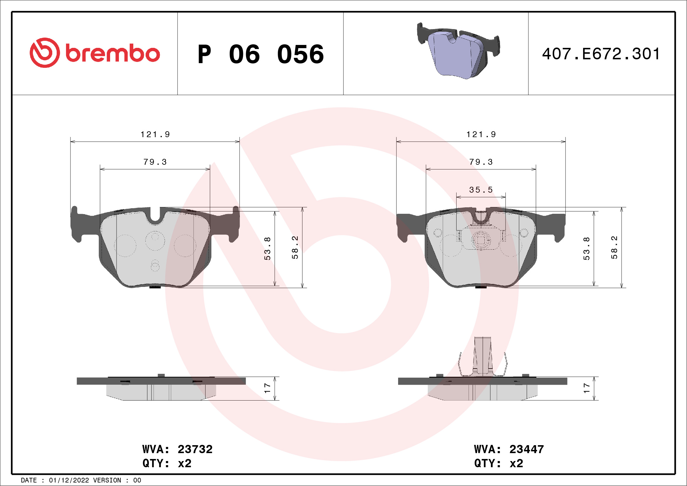 Jogo de 4 pastilhas de travão BREMBO ref. P 06 056