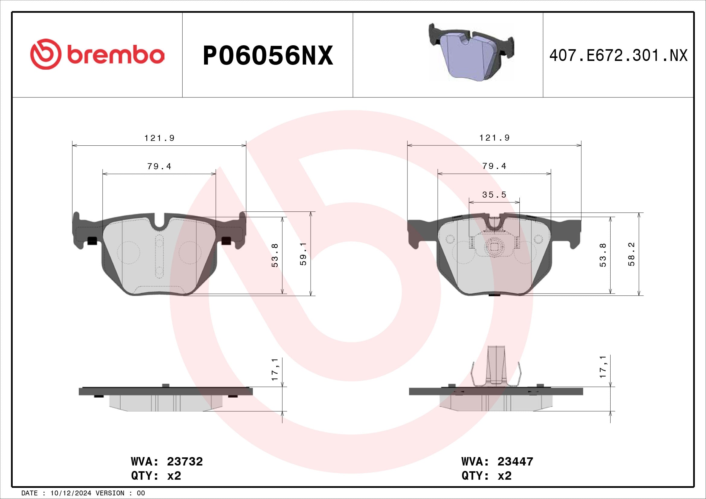 Jogo de 4 pastilhas de travão BREMBO ref. P06056NX