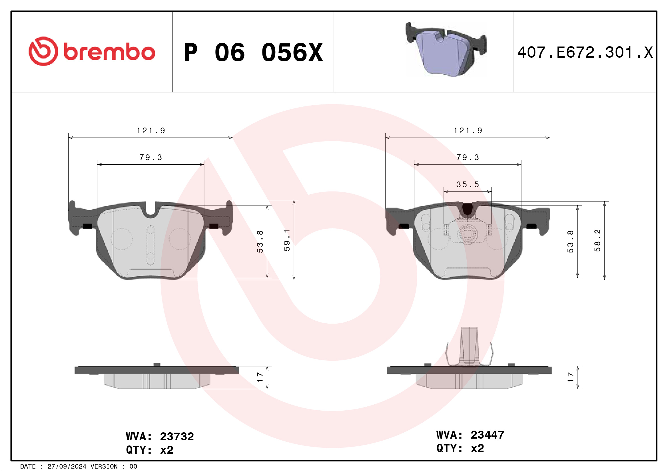 Jogo de 4 pastilhas de travão BREMBO ref. P 06 056X