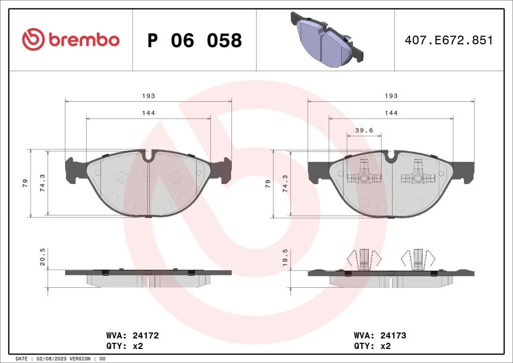 Jogo de 4 pastilhas de travão BREMBO P 06 058