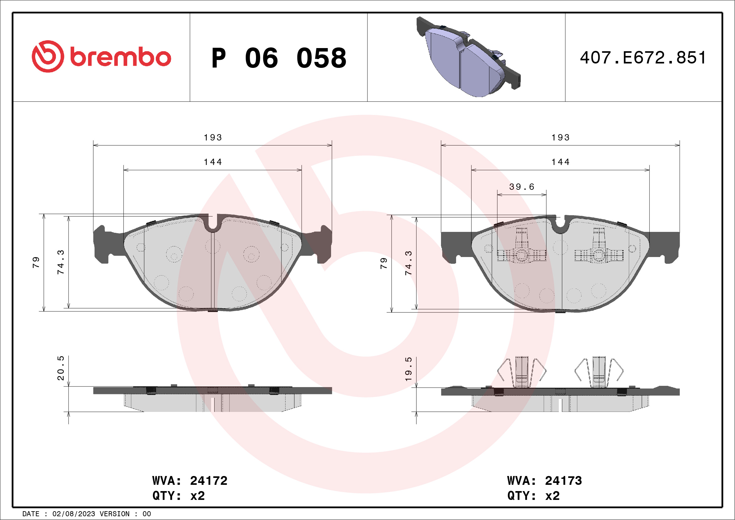 Jogo de 4 pastilhas de travão BREMBO P 06 058