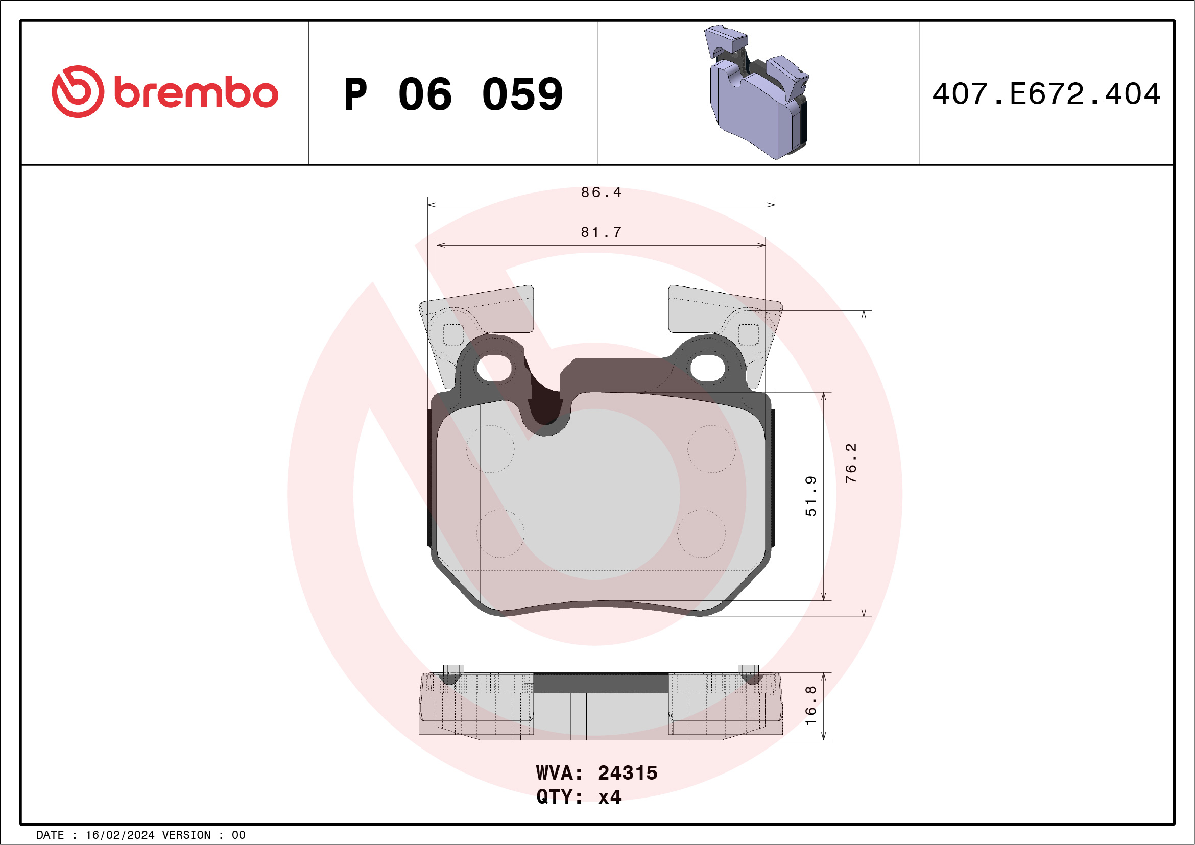 Jeu de 4 plaquettes de frein BREMBO ref. P 06 059