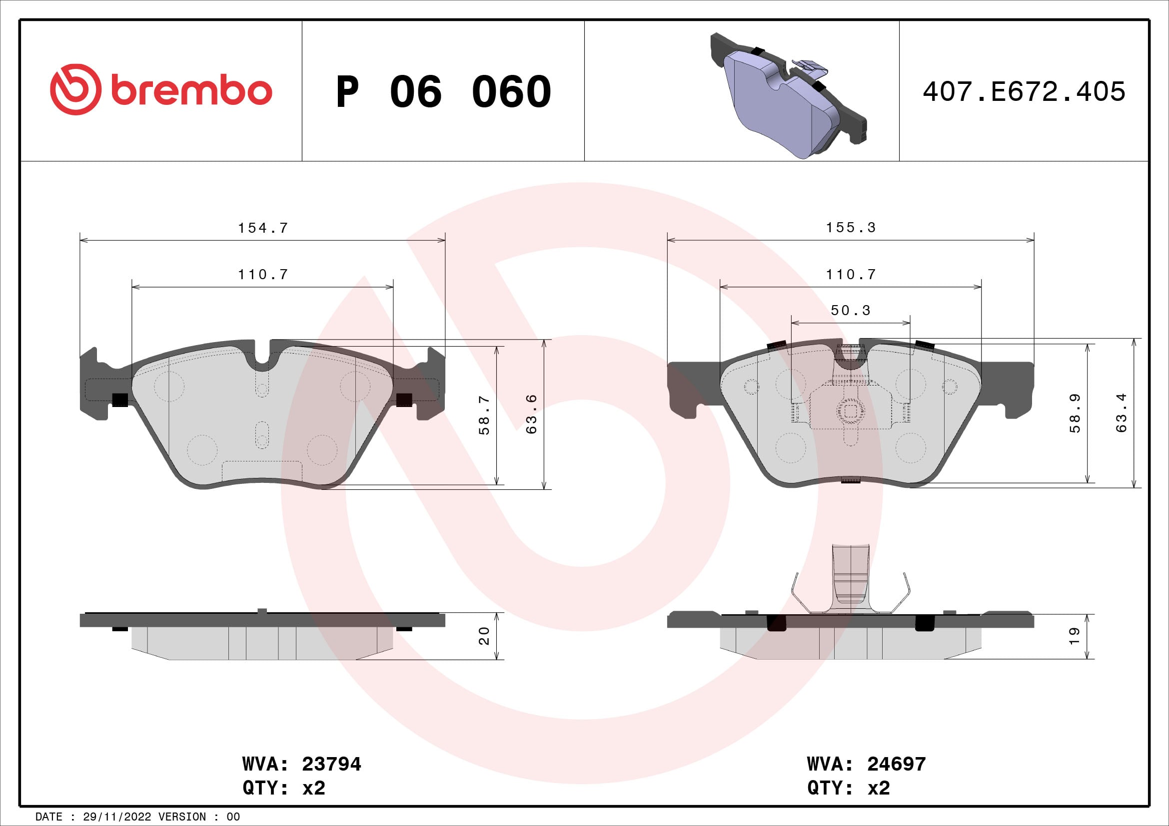Jeu de 4 plaquettes de frein BREMBO ref. P 06 060