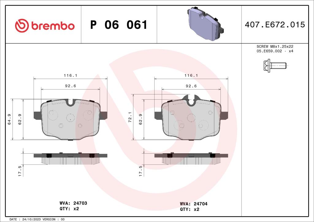 Jeu de 4 plaquettes de frein BREMBO ref. P 06 061