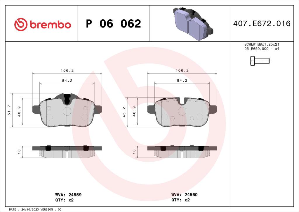 Jeu de 4 plaquettes de frein BREMBO ref. P 06 062