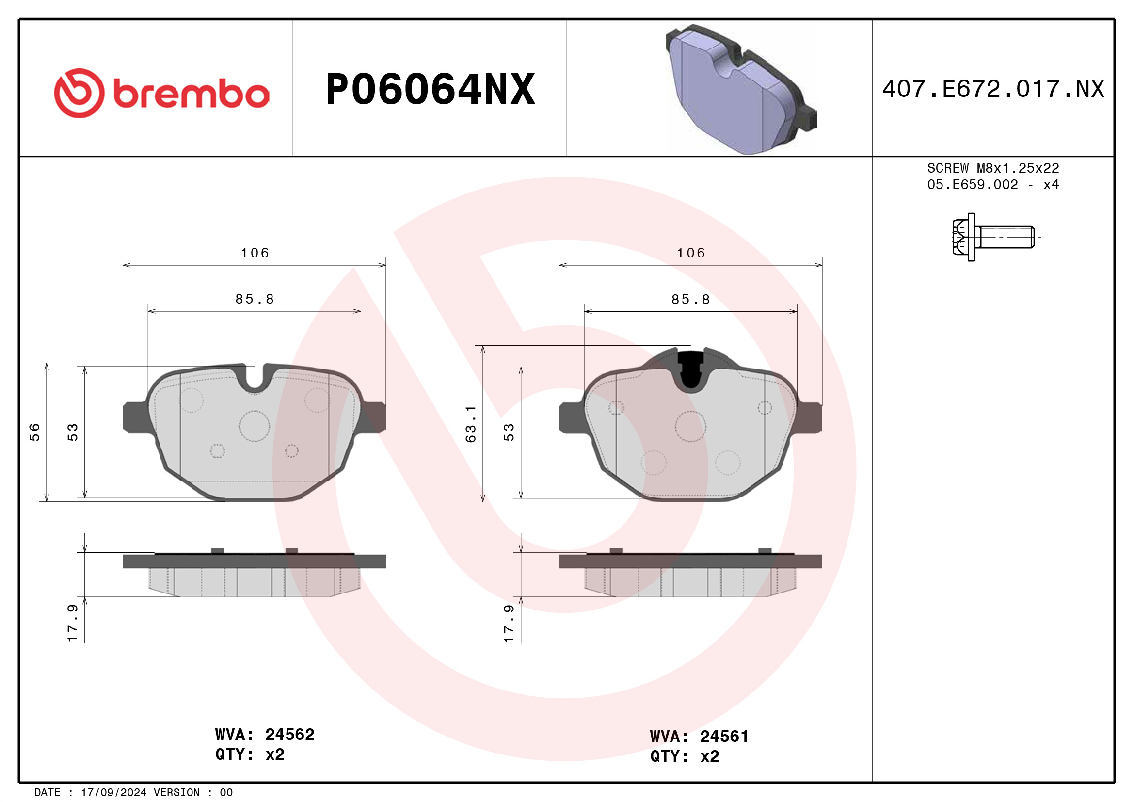 Jogo de 4 pastilhas de travão BREMBO ref. P06064NX
