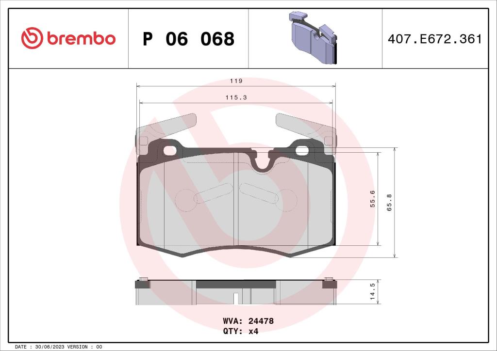 Jeu de 4 plaquettes de frein BREMBO ref. P 06 068