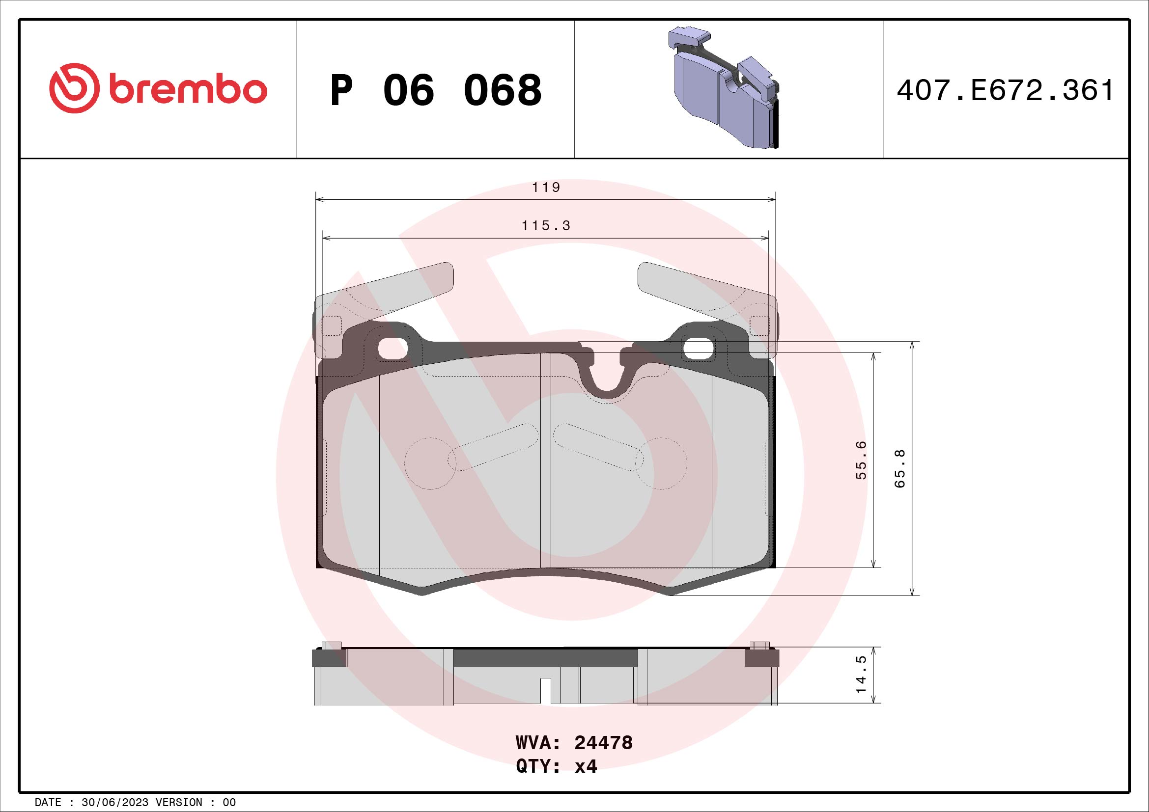 Jeu de 4 plaquettes de frein BREMBO ref. P 06 068