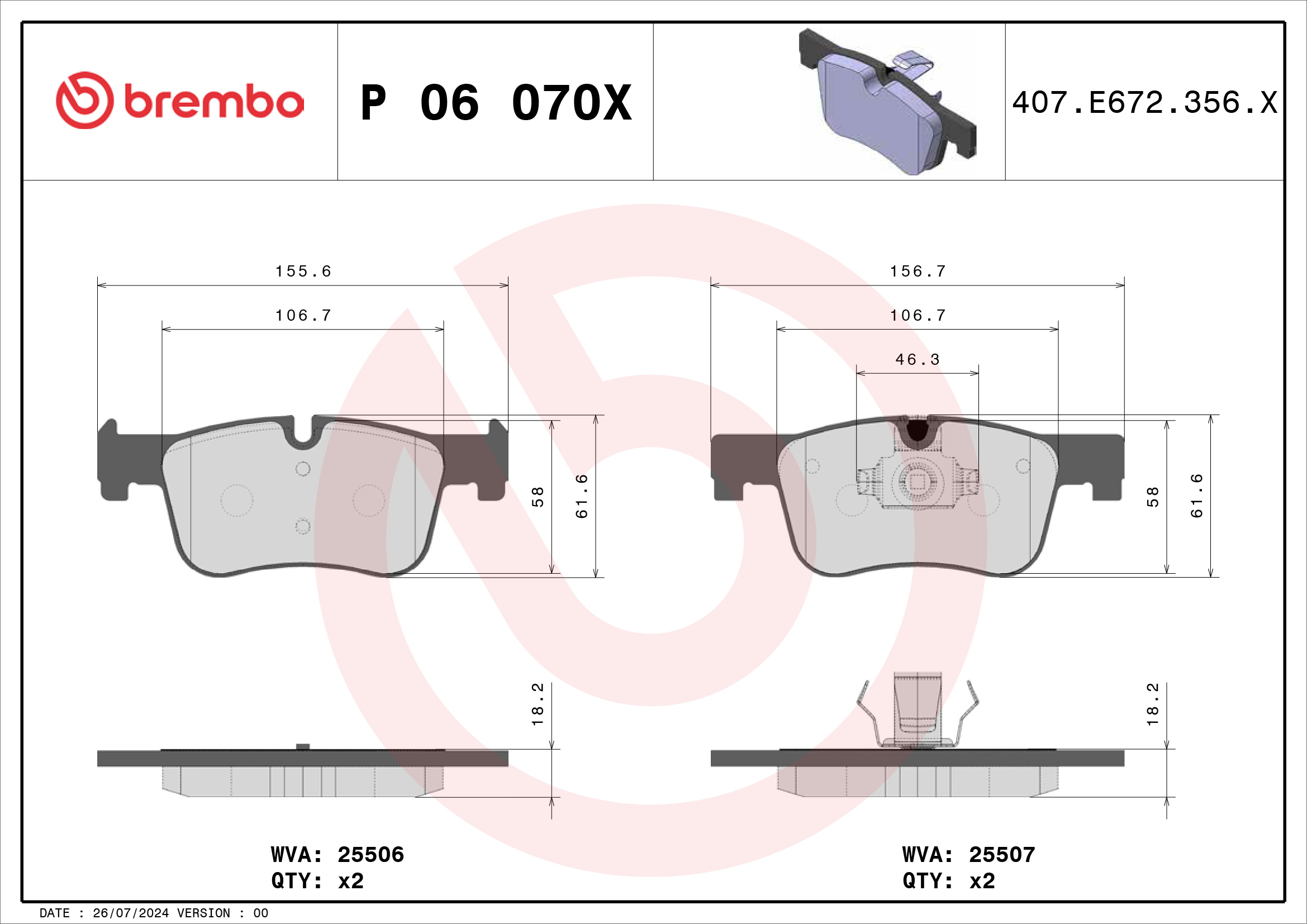 Jogo de 4 pastilhas de travão BREMBO ref. P 06 070X