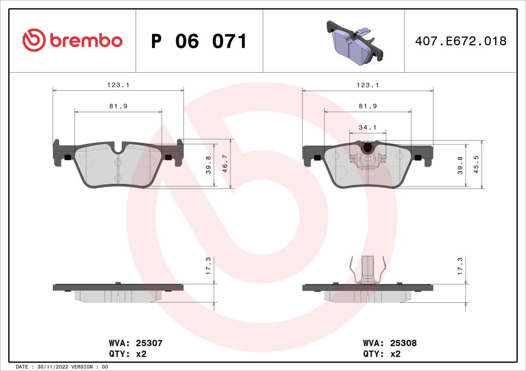 Jogo de 4 pastilhas de travão BREMBO ref. P 06 071