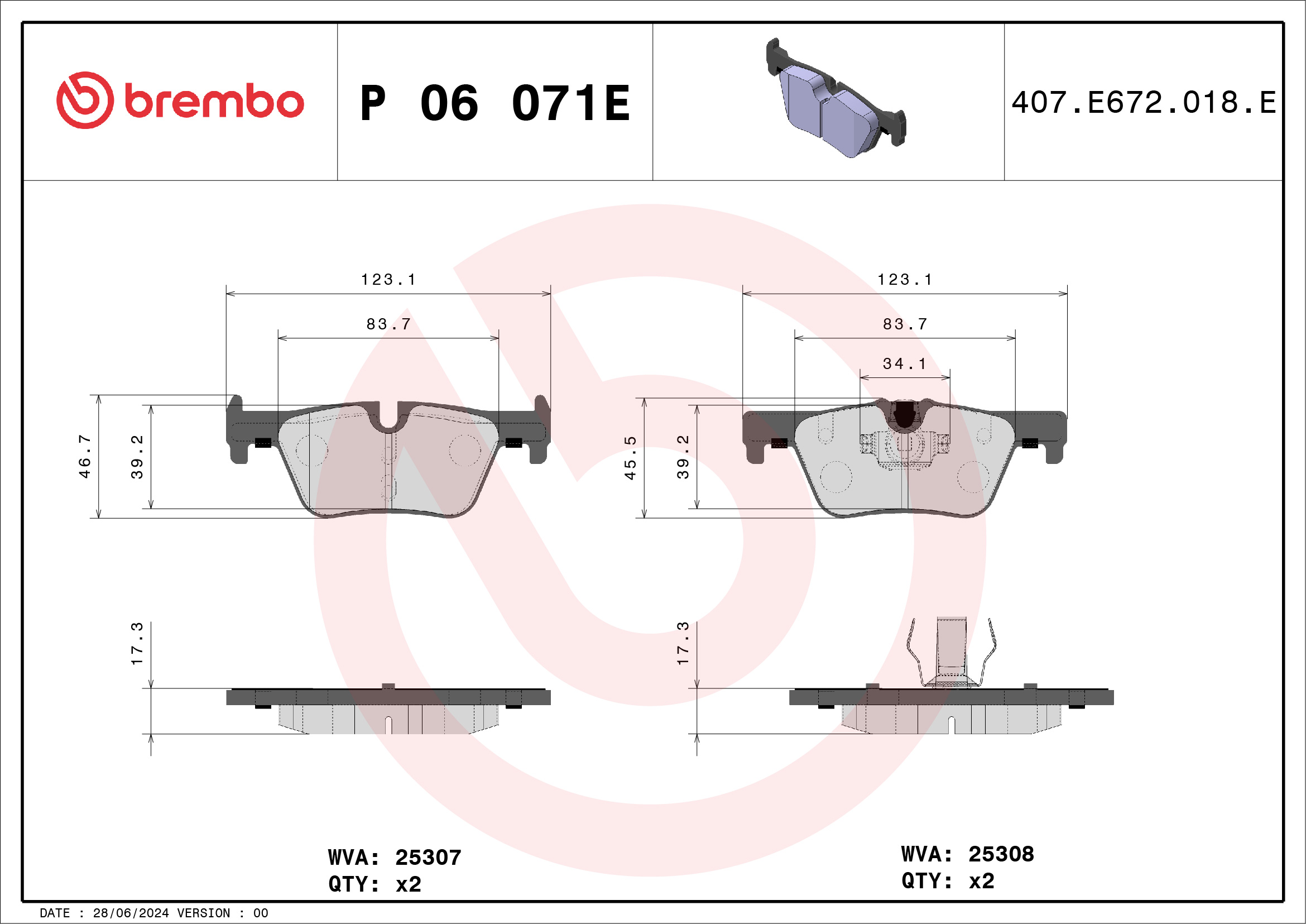 Jeu de 4 plaquettes de frein BREMBO ref. P 06 071E