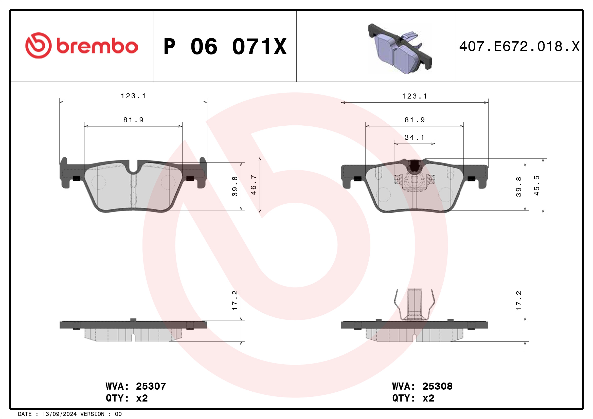 Jeu de 4 plaquettes de frein BREMBO ref. P 06 071X