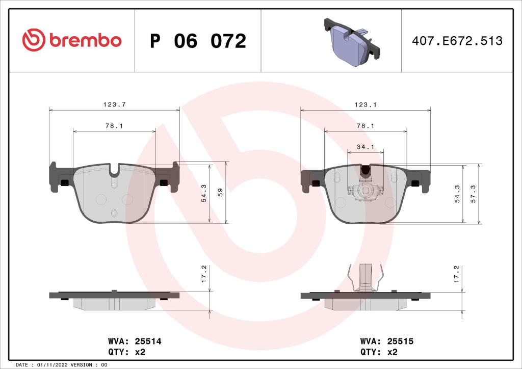 Jogo de 4 pastilhas de travão BREMBO ref. P 06 072