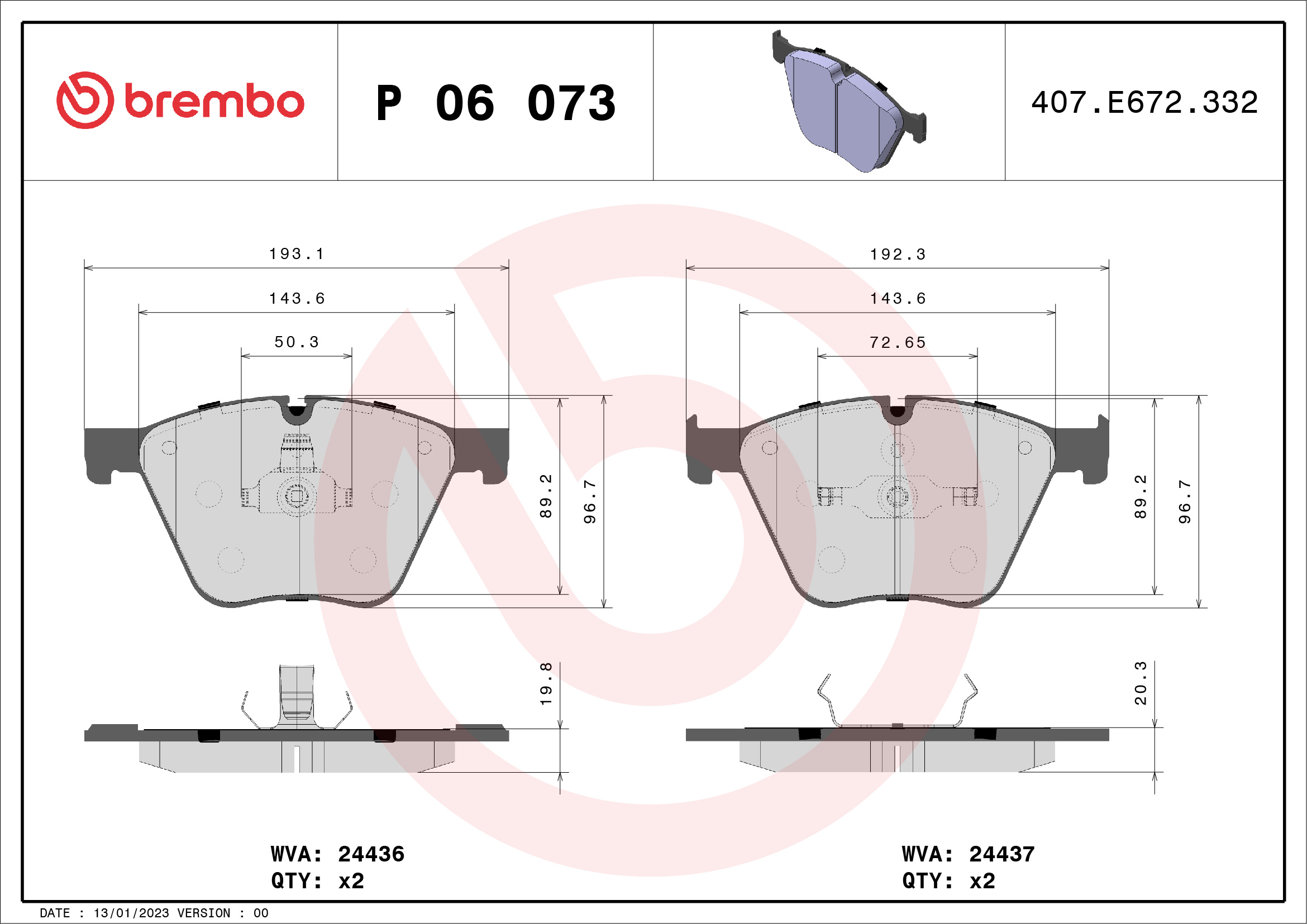 Jeu de 4 plaquettes de frein BREMBO ref. P 06 073
