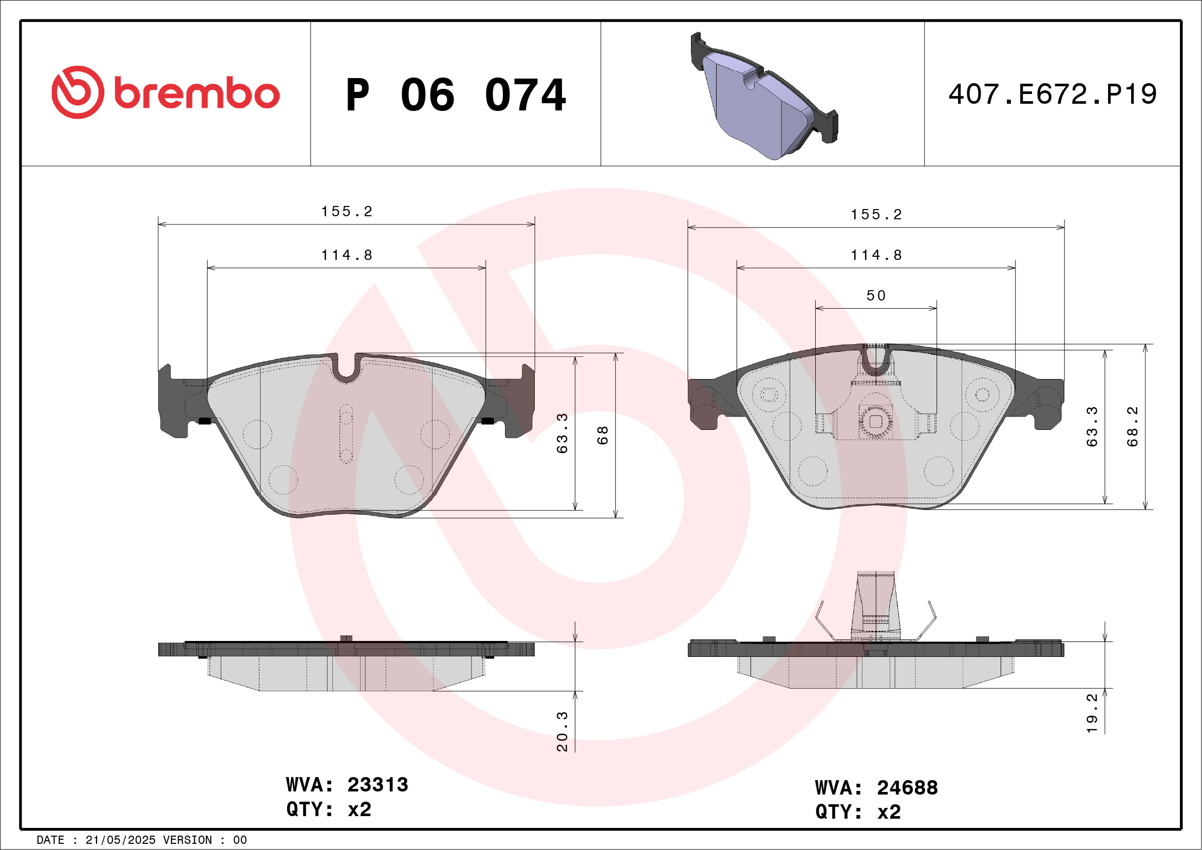 Jogo de 4 pastilhas de travão BREMBO ref. P 06 074