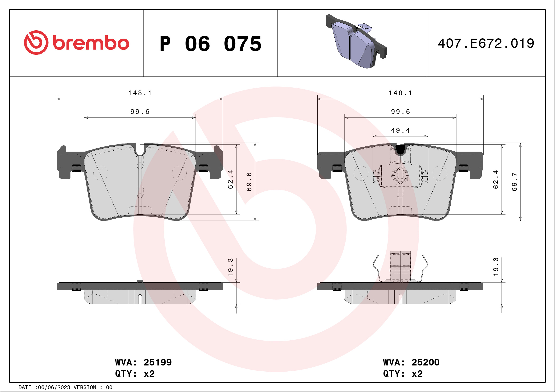 Jogo de 4 pastilhas de travão BREMBO ref. P 06 075