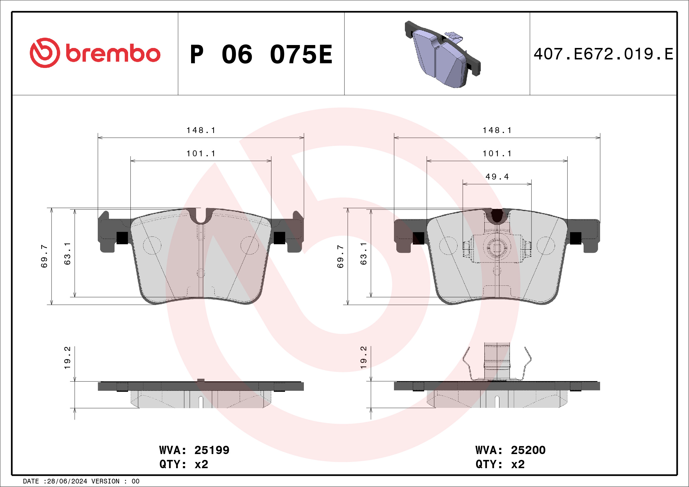 Jogo de 4 pastilhas de travão BREMBO ref. P 06 075E