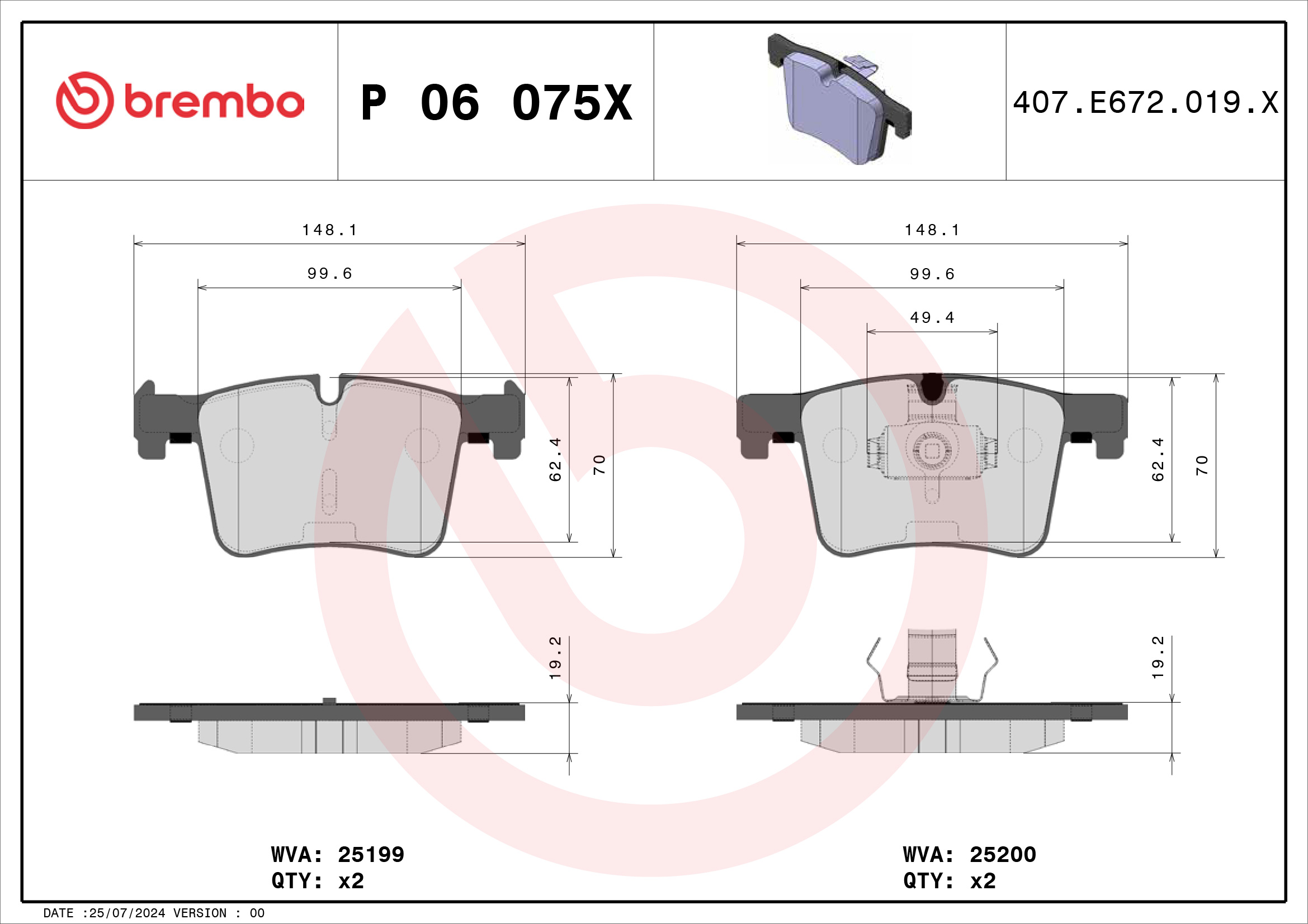 Jogo de 4 pastilhas de travão BREMBO ref. P 06 075X