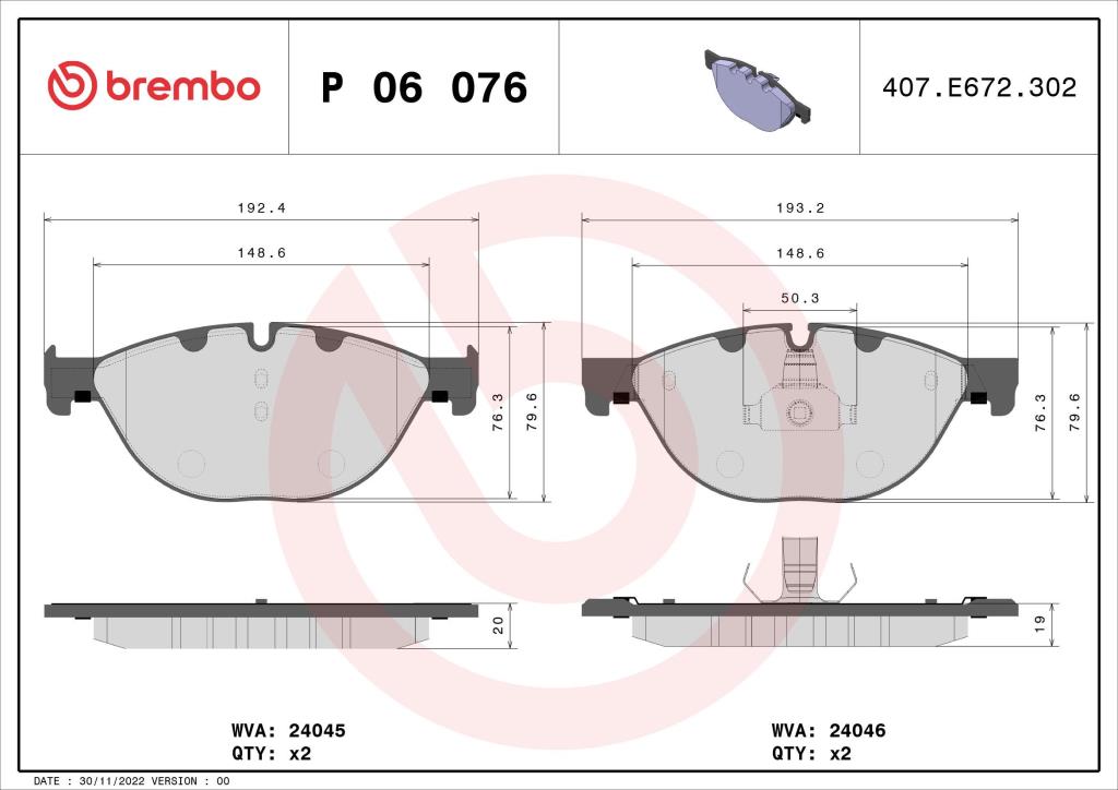 Jogo de 4 pastilhas de travão BREMBO ref. P 06 076
