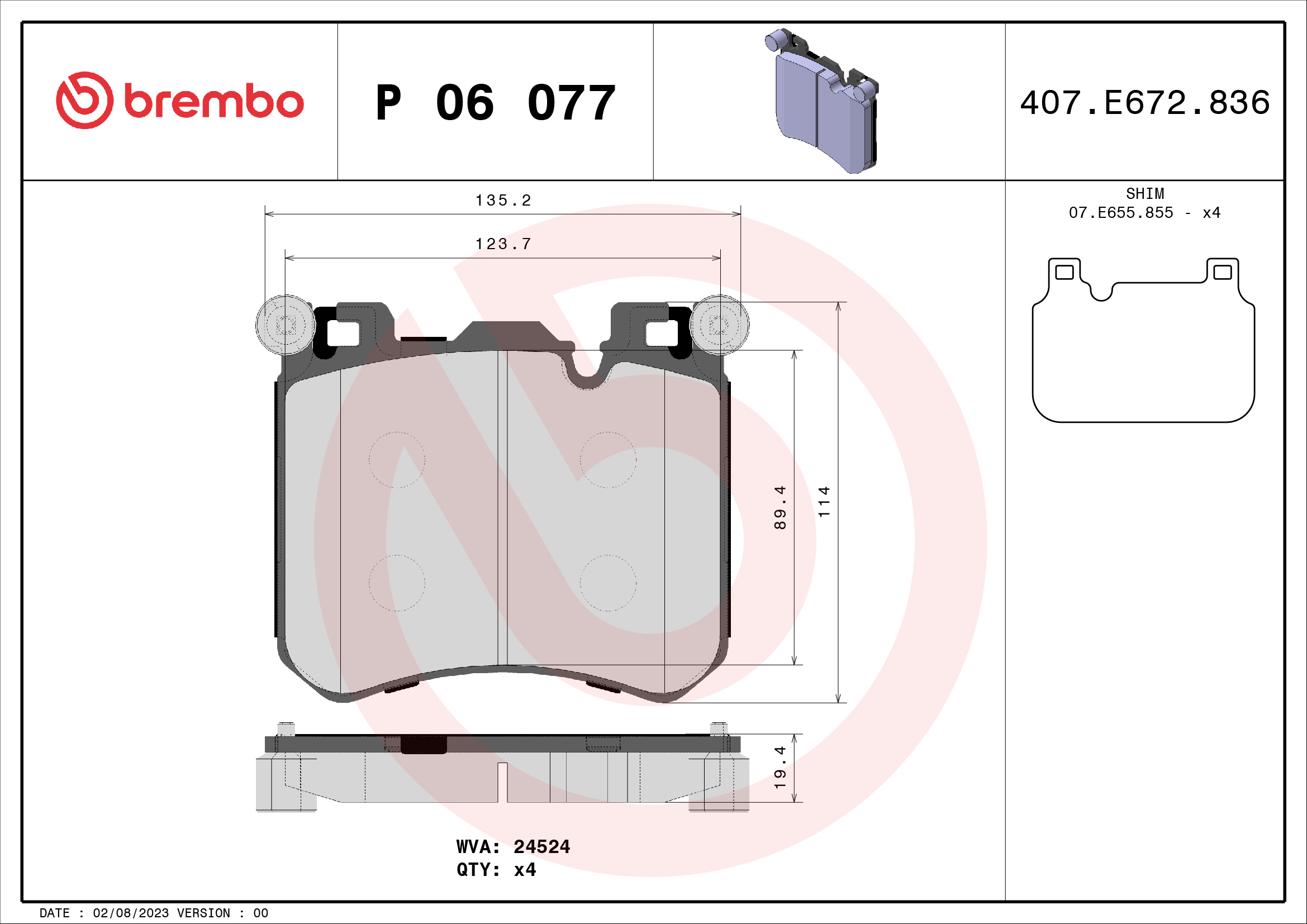 Jogo de 4 pastilhas de travão BREMBO P 06 077
