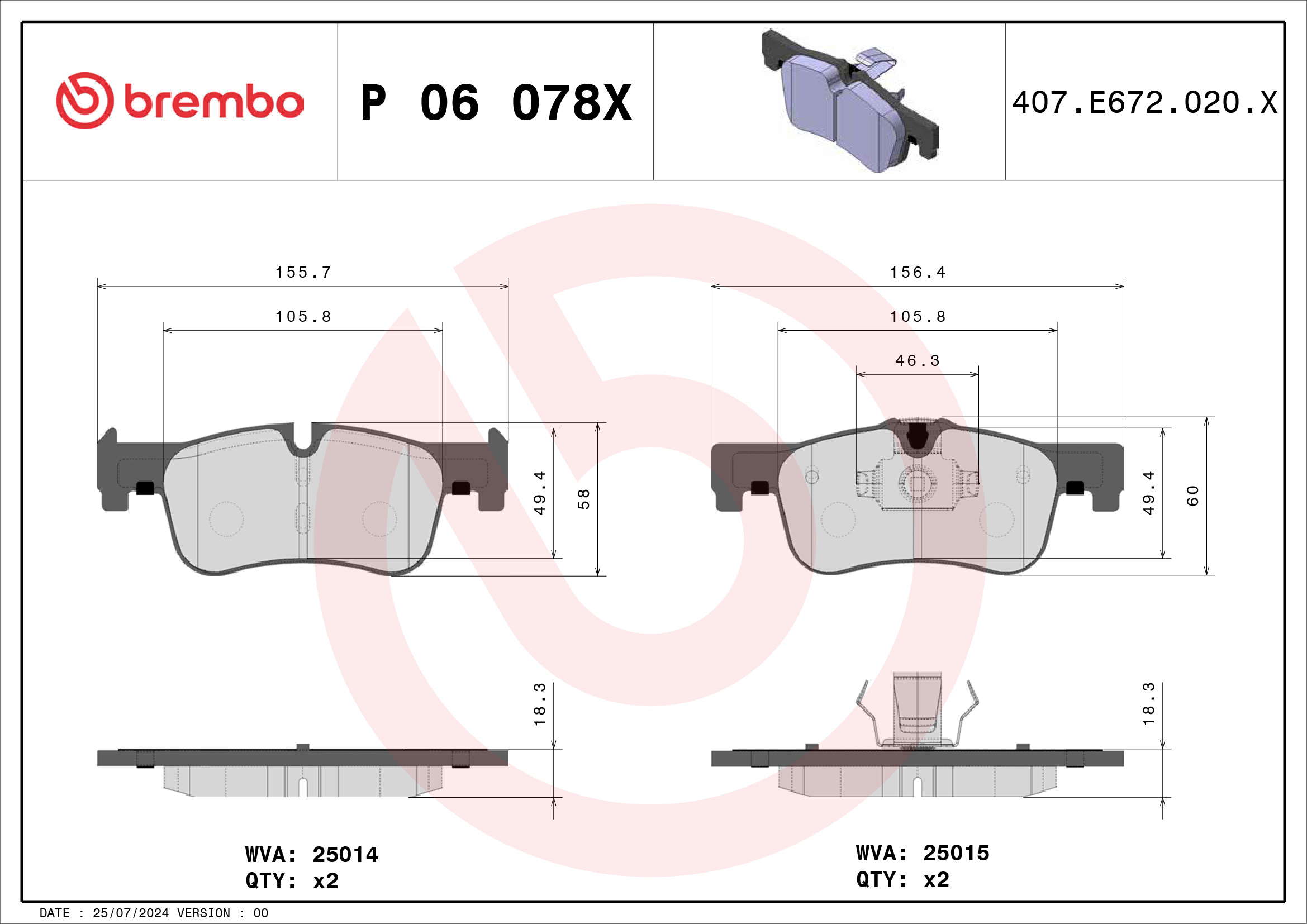 Jogo de 4 pastilhas de travão BREMBO ref. P 06 078X