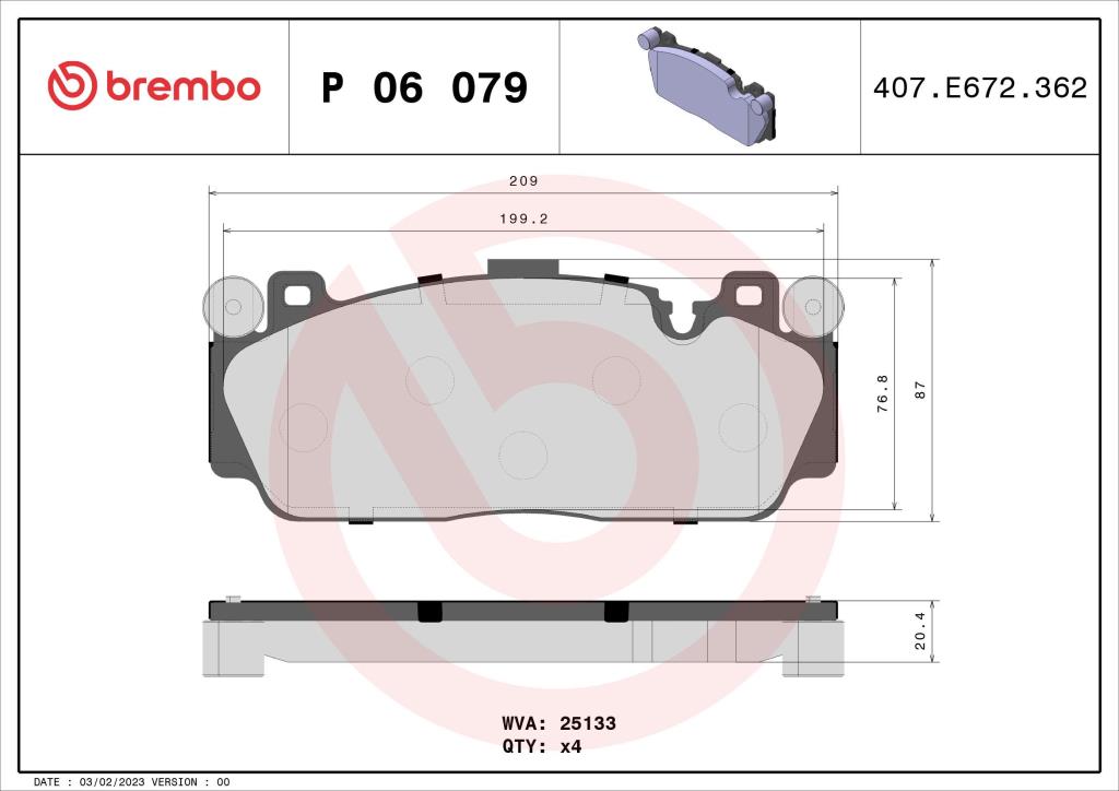 Jeu de 4 plaquettes de frein BREMBO ref. P 06 079