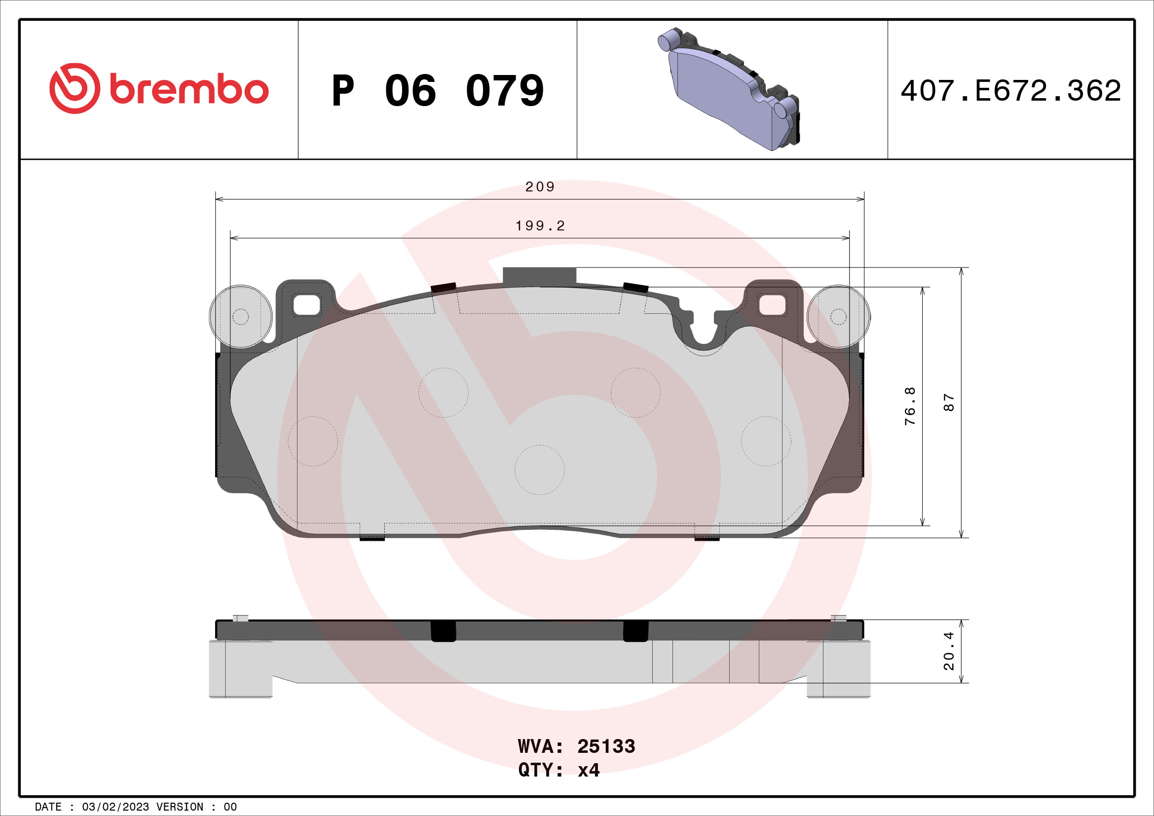 Jeu de 4 plaquettes de frein BREMBO ref. P 06 079