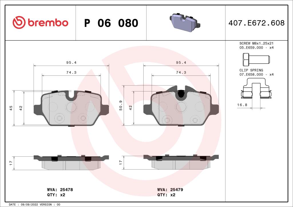 Jeu de 4 plaquettes de frein BREMBO ref. P 06 080